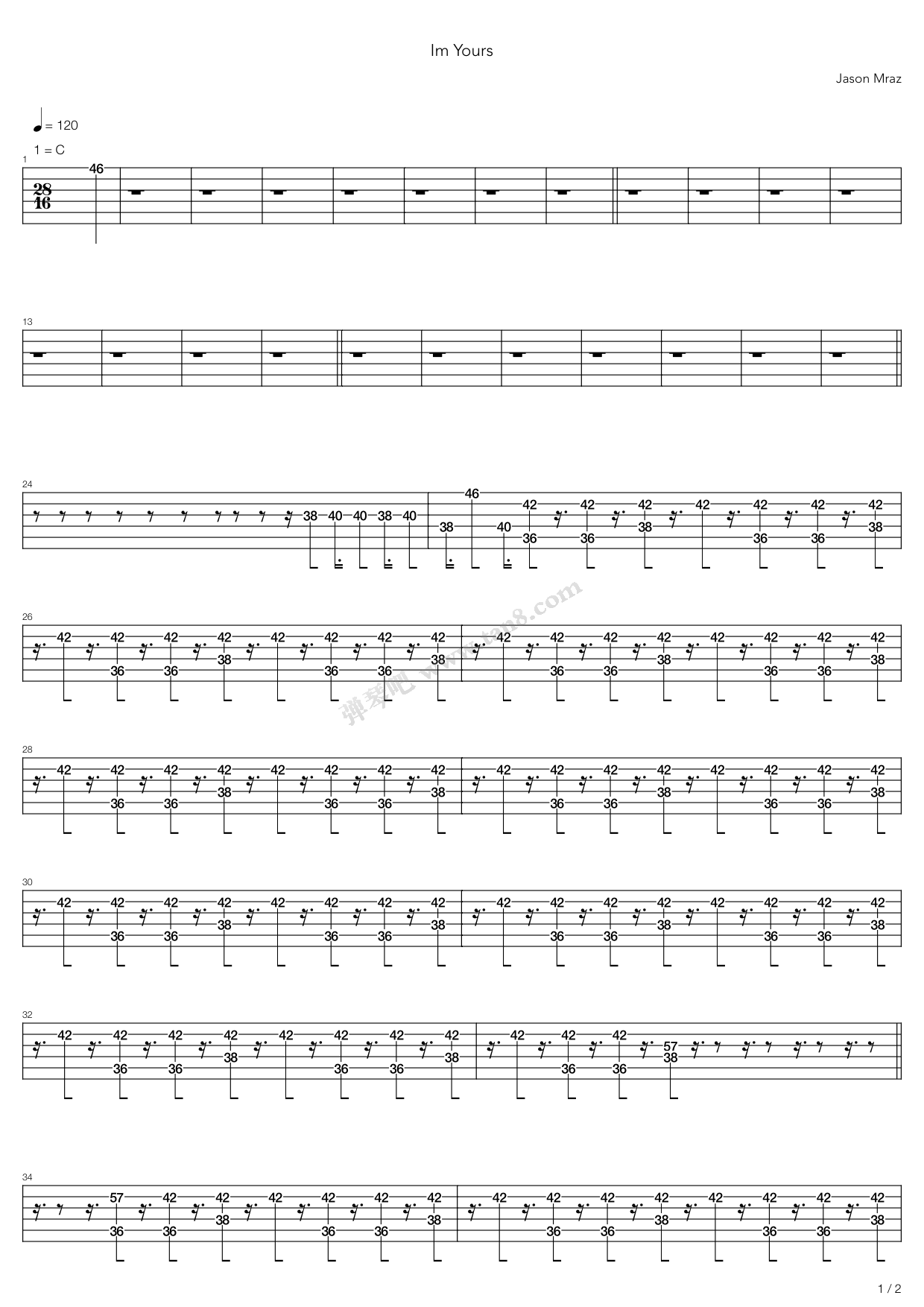 《im yours原版》,jason mraz(六线谱 吉他谱吉他谱 第1页