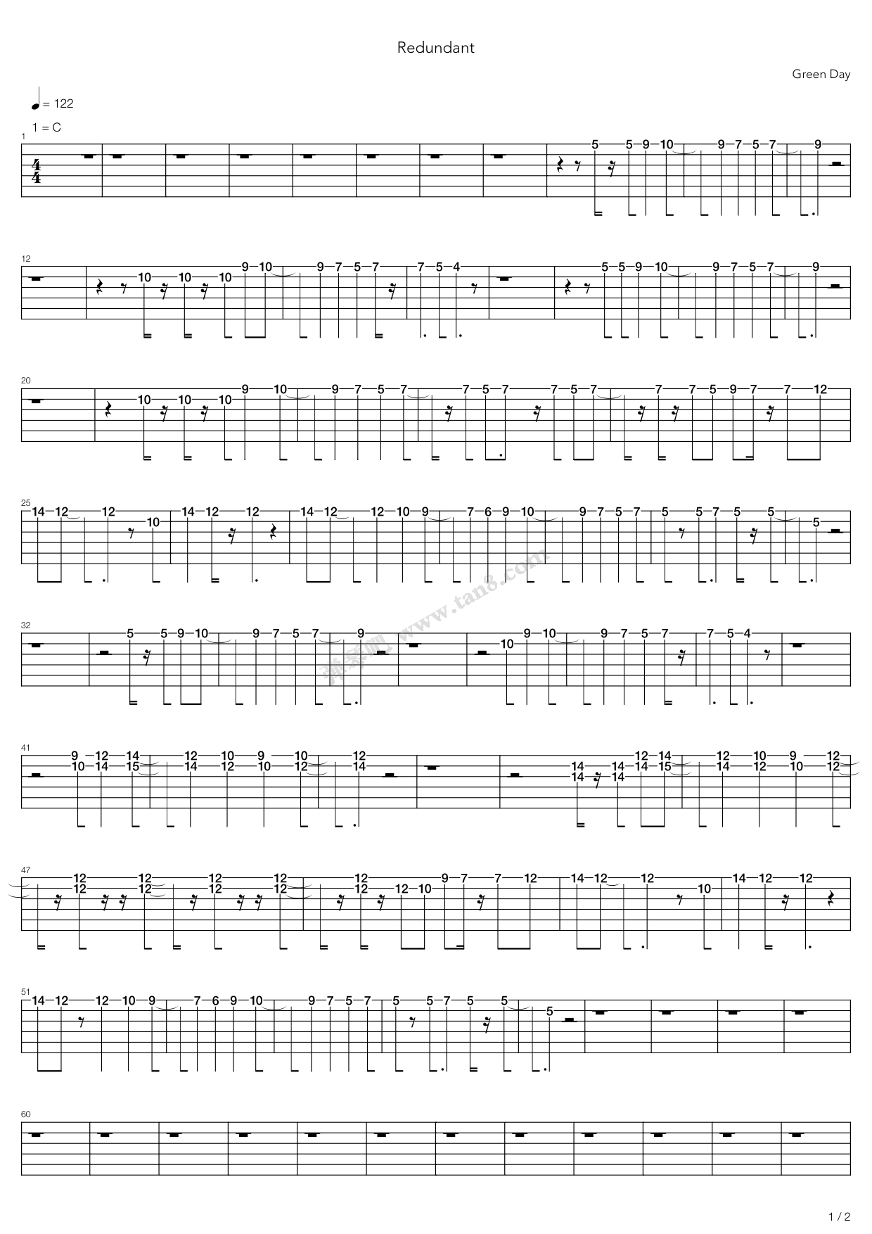 《redundant》,green day(绿日)(六线谱 吉他谱吉他谱 第1页