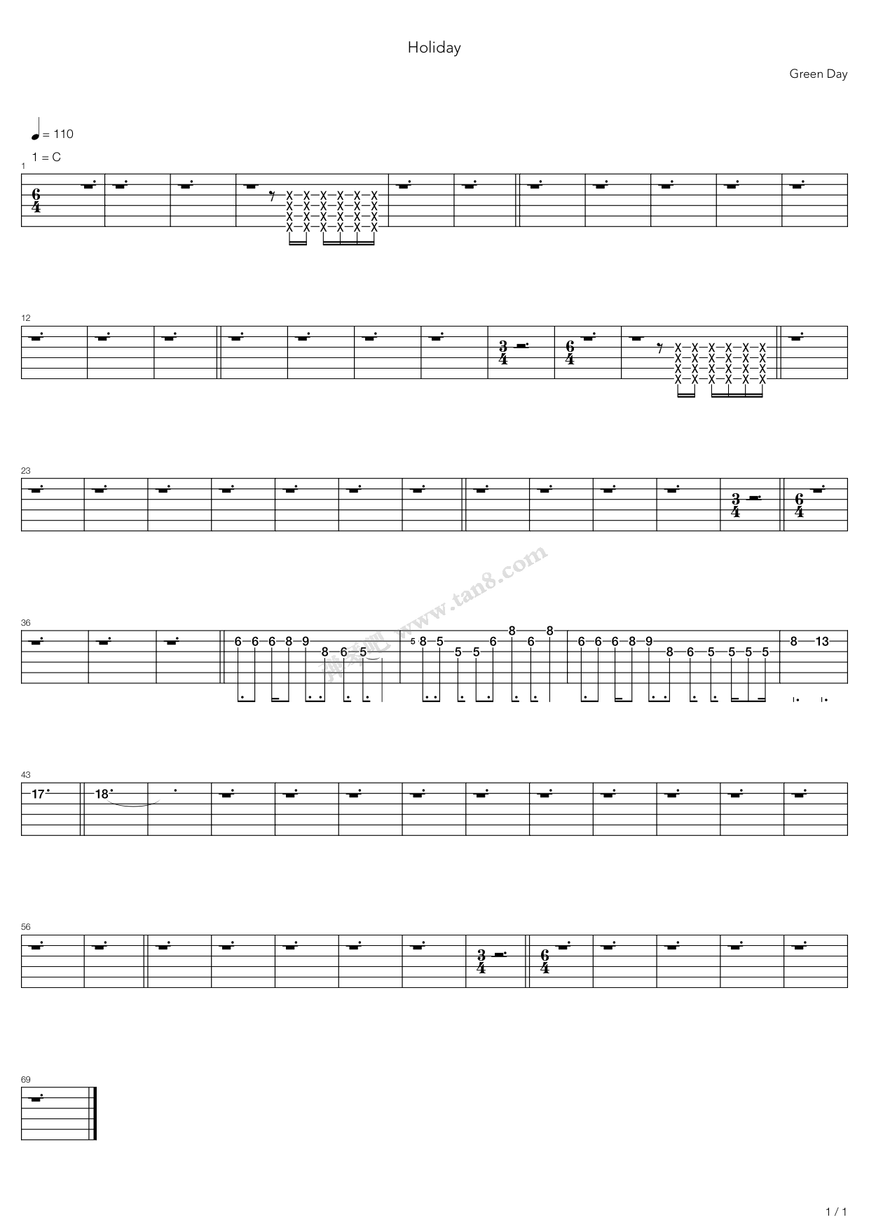 《holiday》,green day(绿日)(六线谱 调六线吉他谱-虫虫吉他谱免费