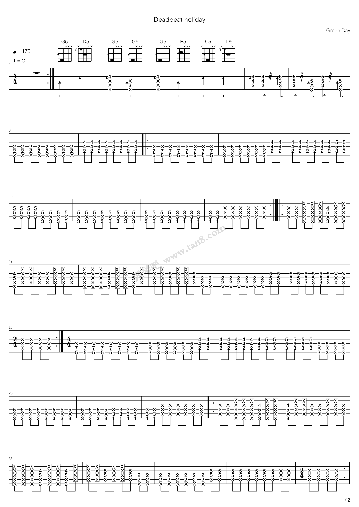 《deadbeat holiday》,green day(绿日)(六线谱 吉他谱吉他谱 第1页