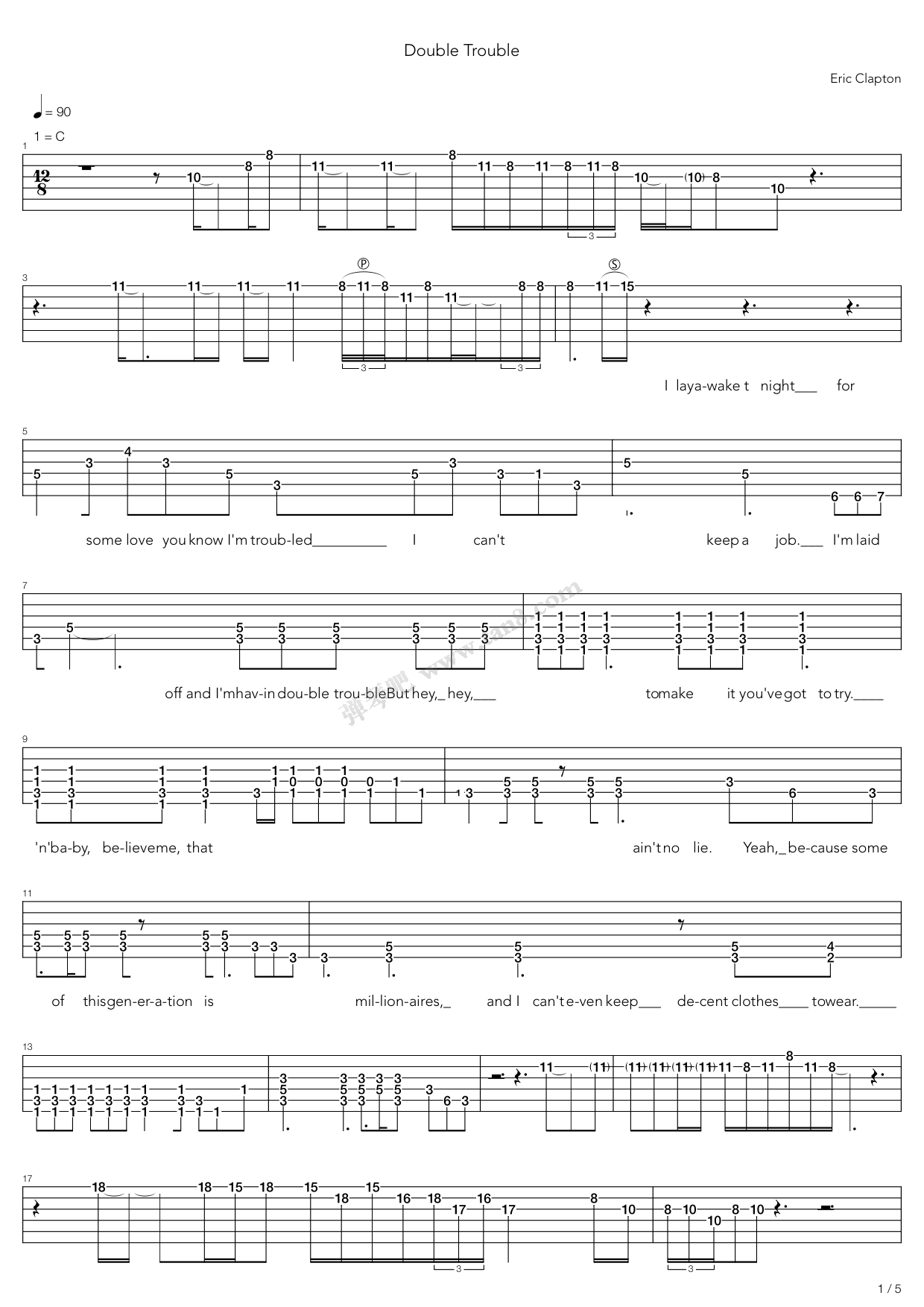 《Double Trouble》,Eric Clapton（六线谱 调六线吉他谱虫虫吉他谱免费下载