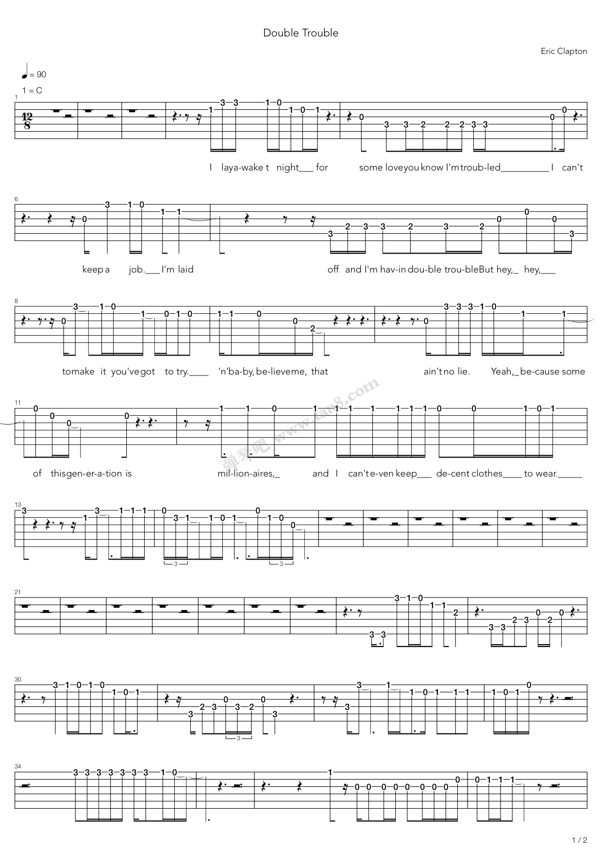 《Double Trouble》,Eric Clapton（六线谱 调六线吉他谱虫虫吉他谱免费下载
