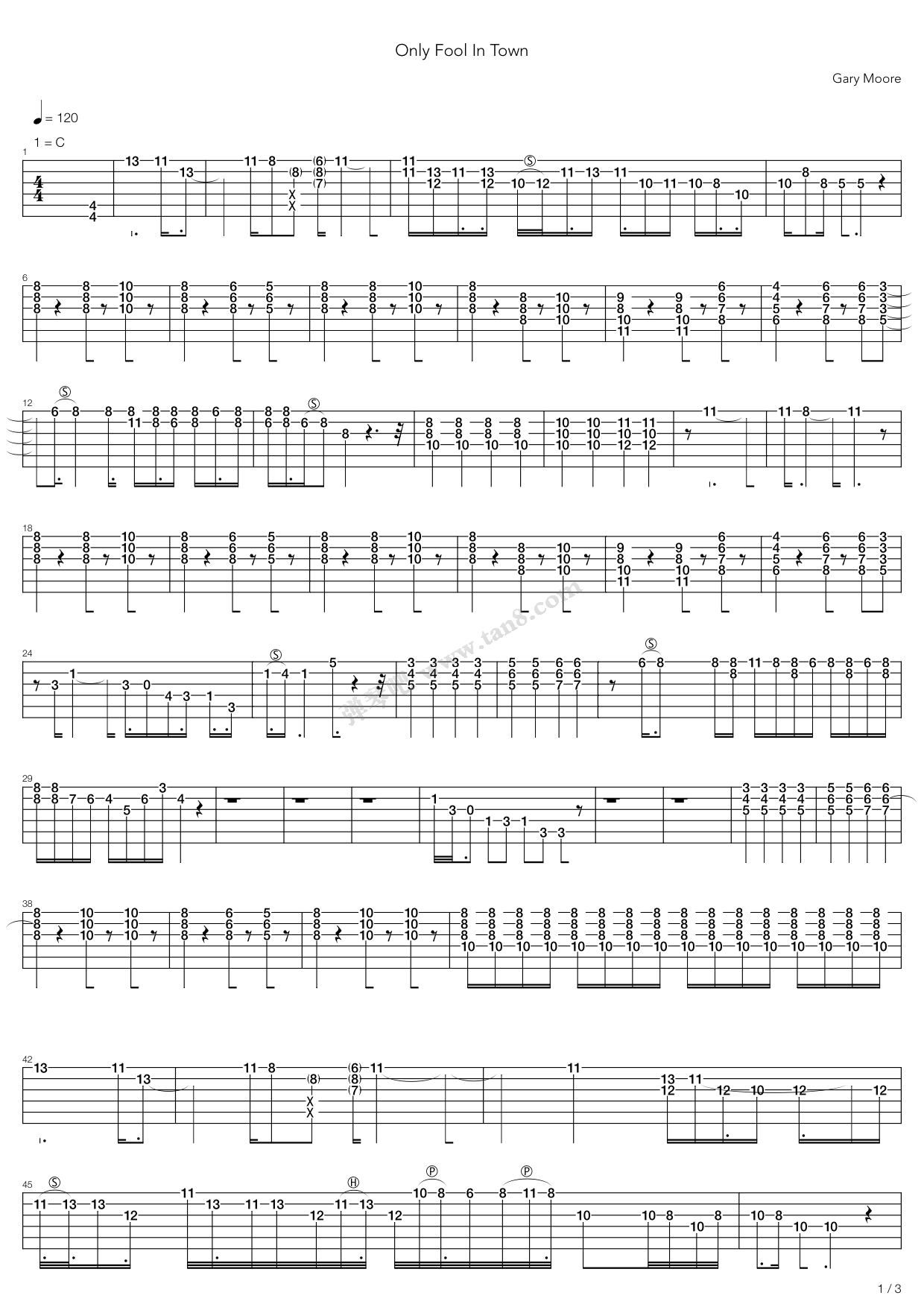 《only fool in town》,gary moore(六线谱 吉他谱吉他谱 第1页