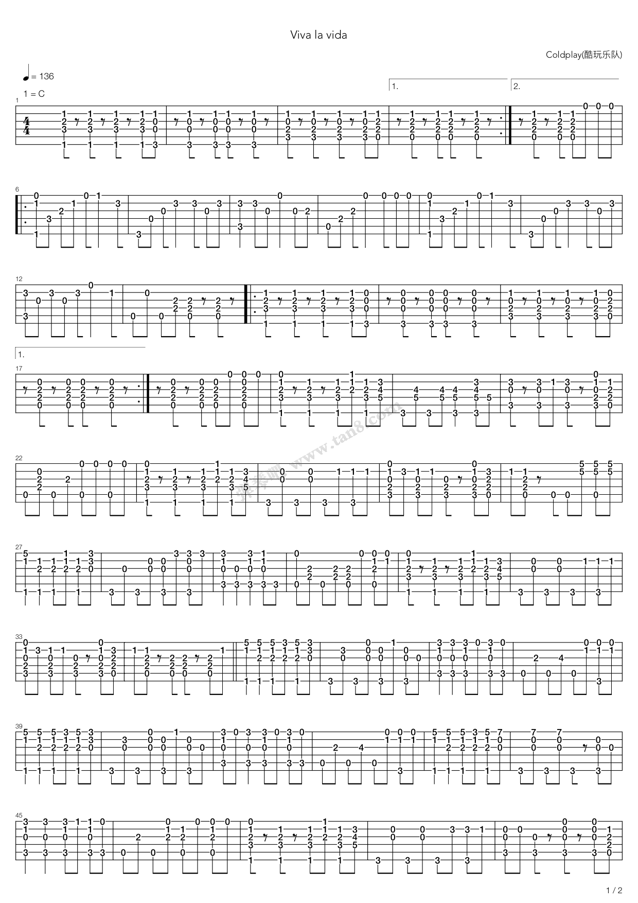 《coldplay(酷玩乐队)viva la vida吉他谱 吉他谱-虫虫吉他谱免费下载