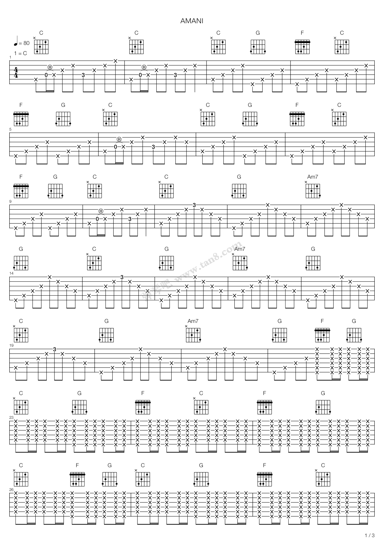 《amani(不插电版)》,beyond(六线谱 吉他谱吉他谱 第1页