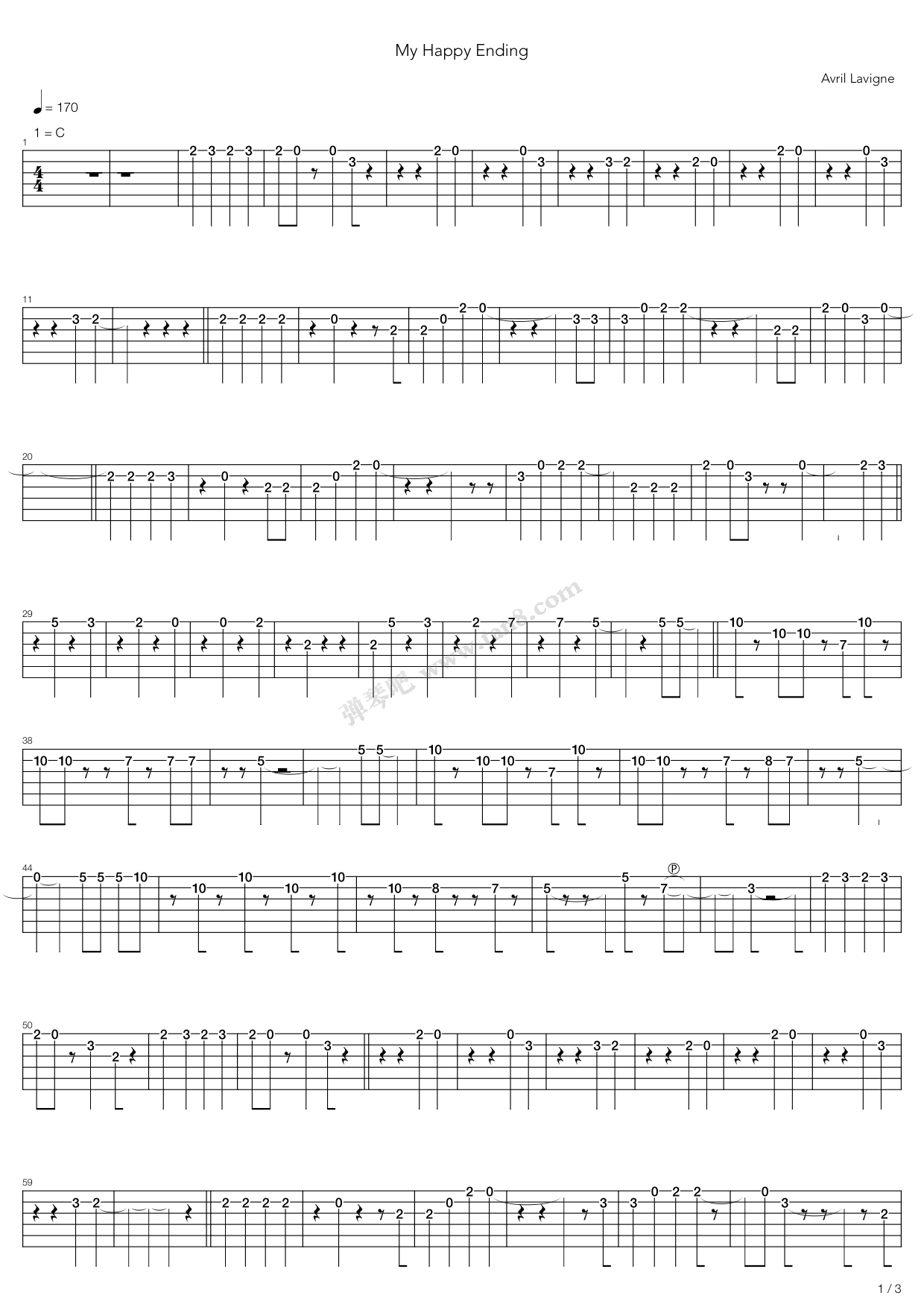 《my happy ending》,avril lavigne(六线谱 吉他谱吉他谱 第1页