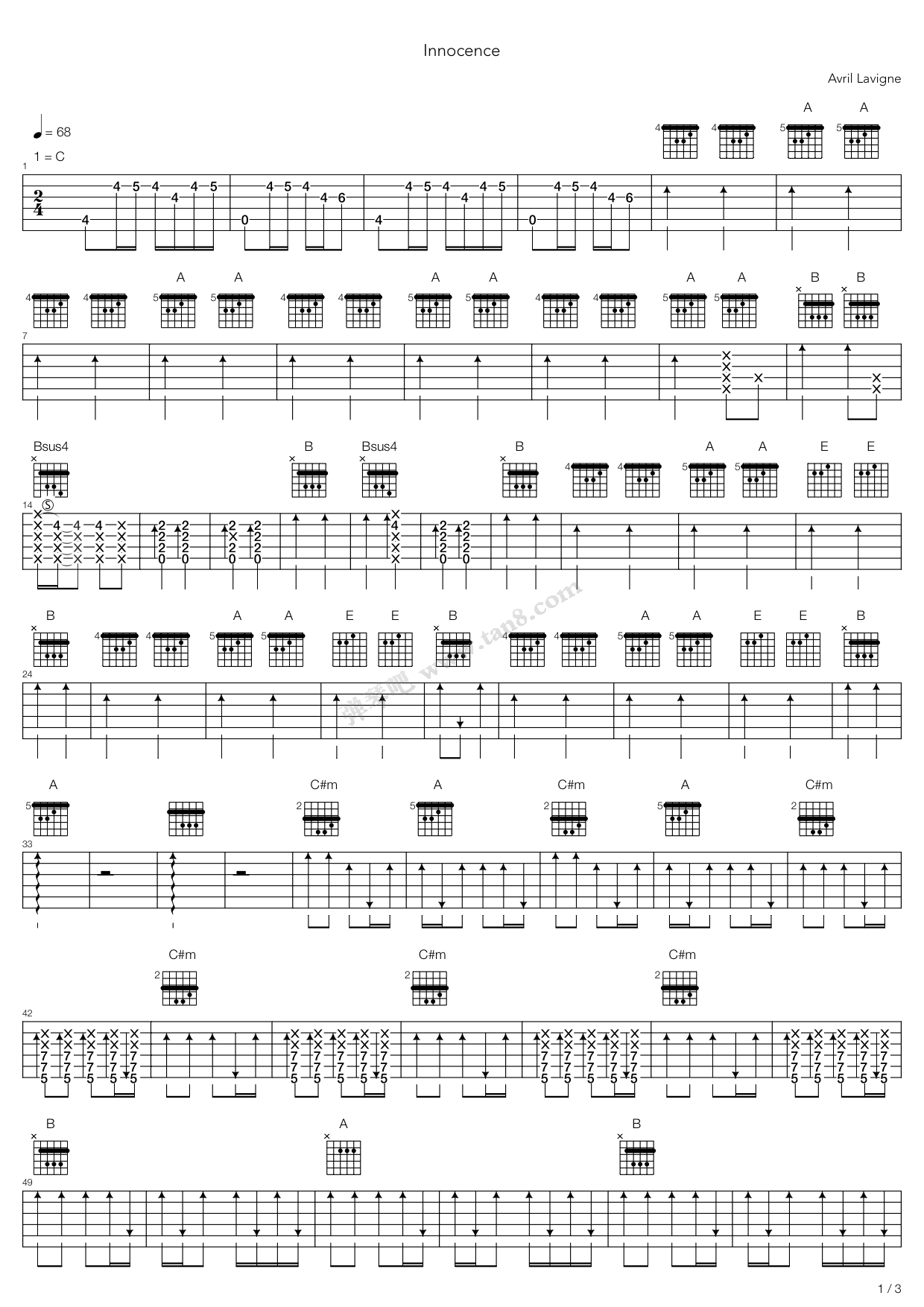 《innocence》,avril lavigne(六线谱 吉他谱吉他谱 第1页