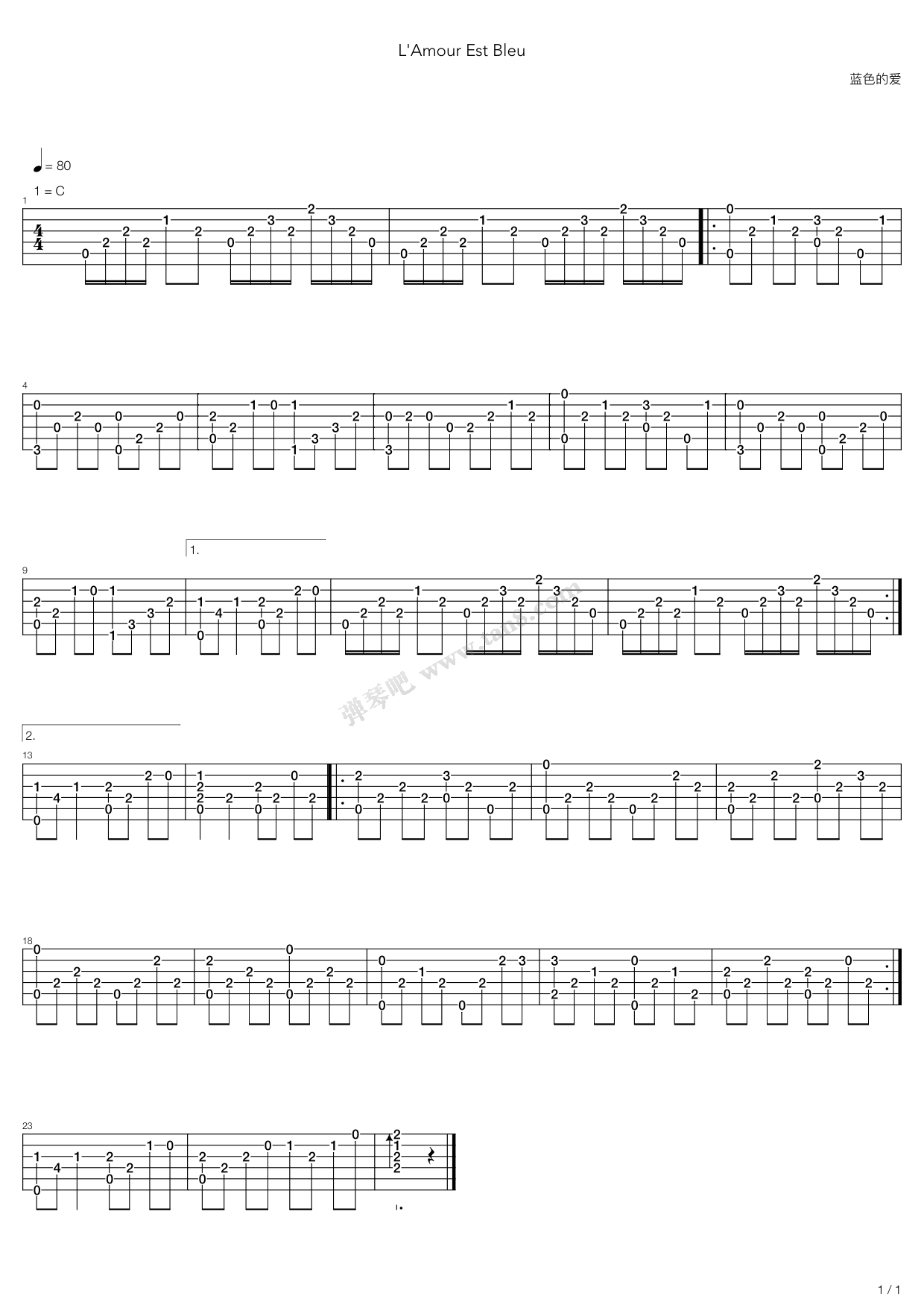 loveisblue蓝色的爱指弹独奏吉他谱