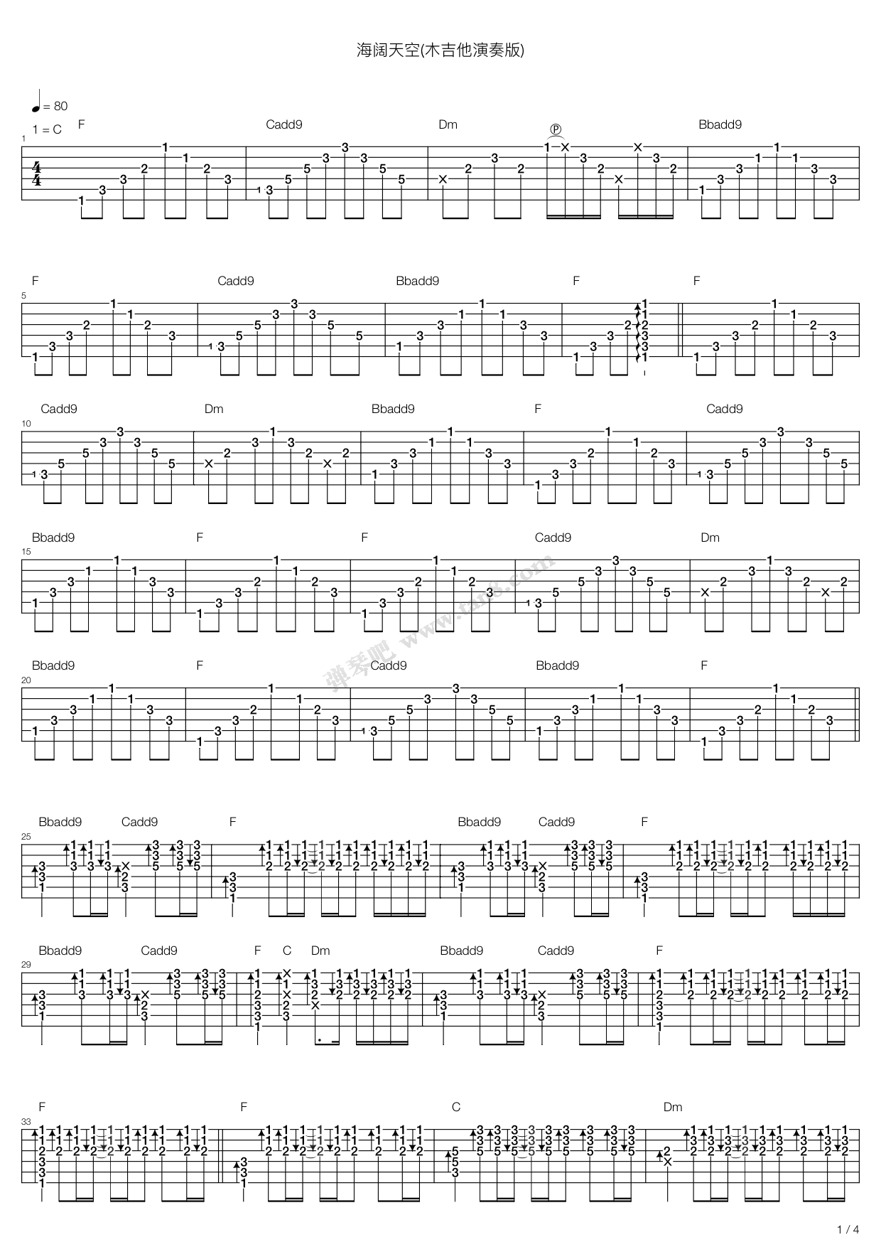 《海阔天空(木吉他演奏版)》,beyond(六线谱 吉他谱吉他谱 第1页