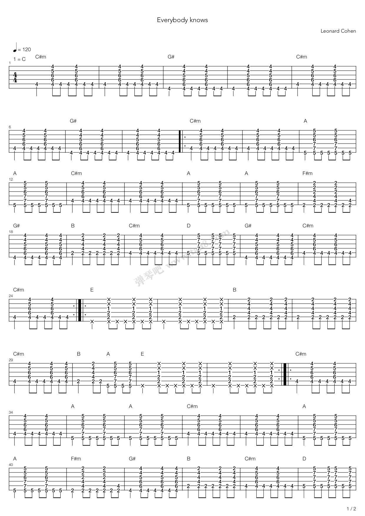 《everybody knows》,leonard cohen(六线谱 吉他谱吉他谱 第1页