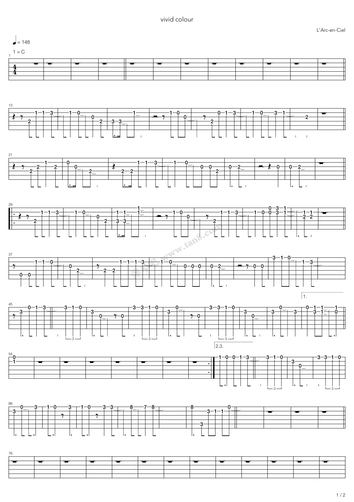《vivid colors》,larc～en～ciel(六线谱 吉他谱吉他谱 第1页