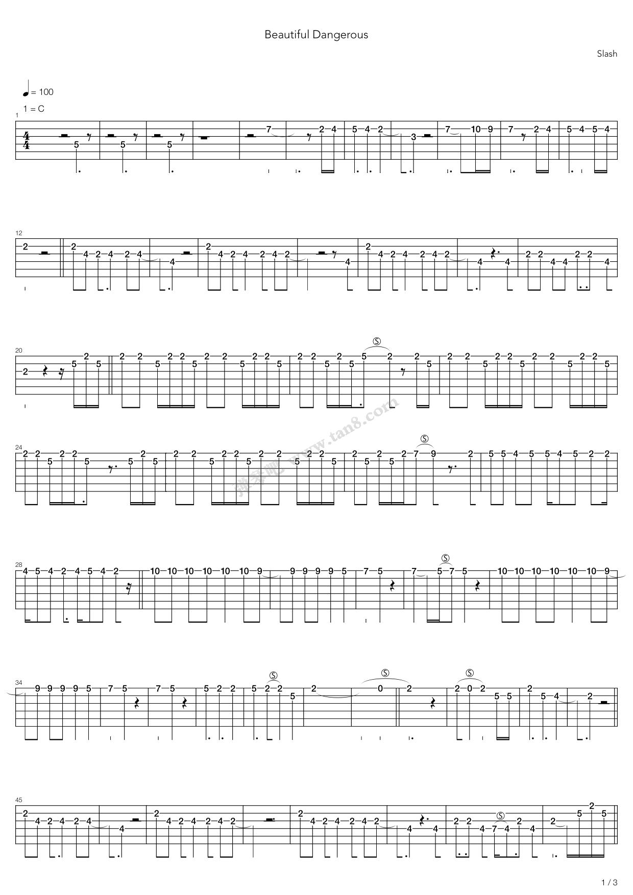 《beautiful dangerous》,slash(六线谱 吉他谱吉他谱 第1页