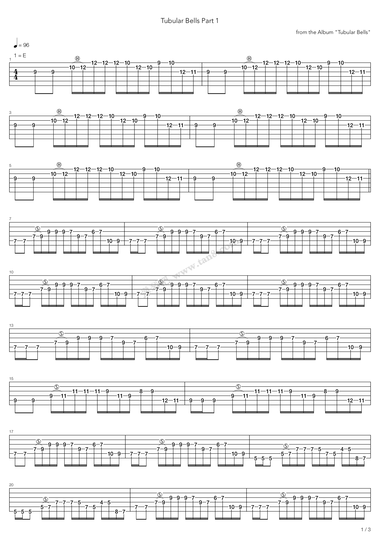 《tubular bells part 1 1973》,mike oldfield(六线谱 吉他谱吉他谱