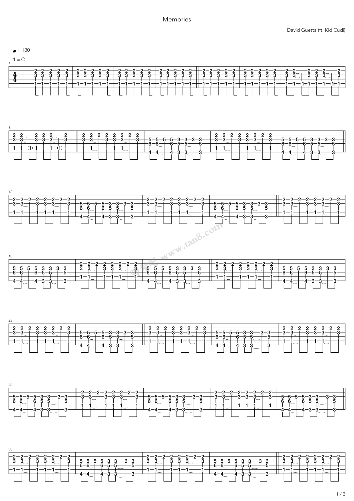 《memories》,david guetta(六线谱 吉他谱吉他谱 第1页
