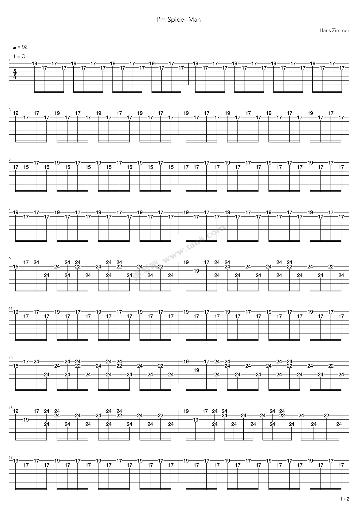 《im spider-man》,hans zimmer(六线谱 吉他谱吉他谱 第1页