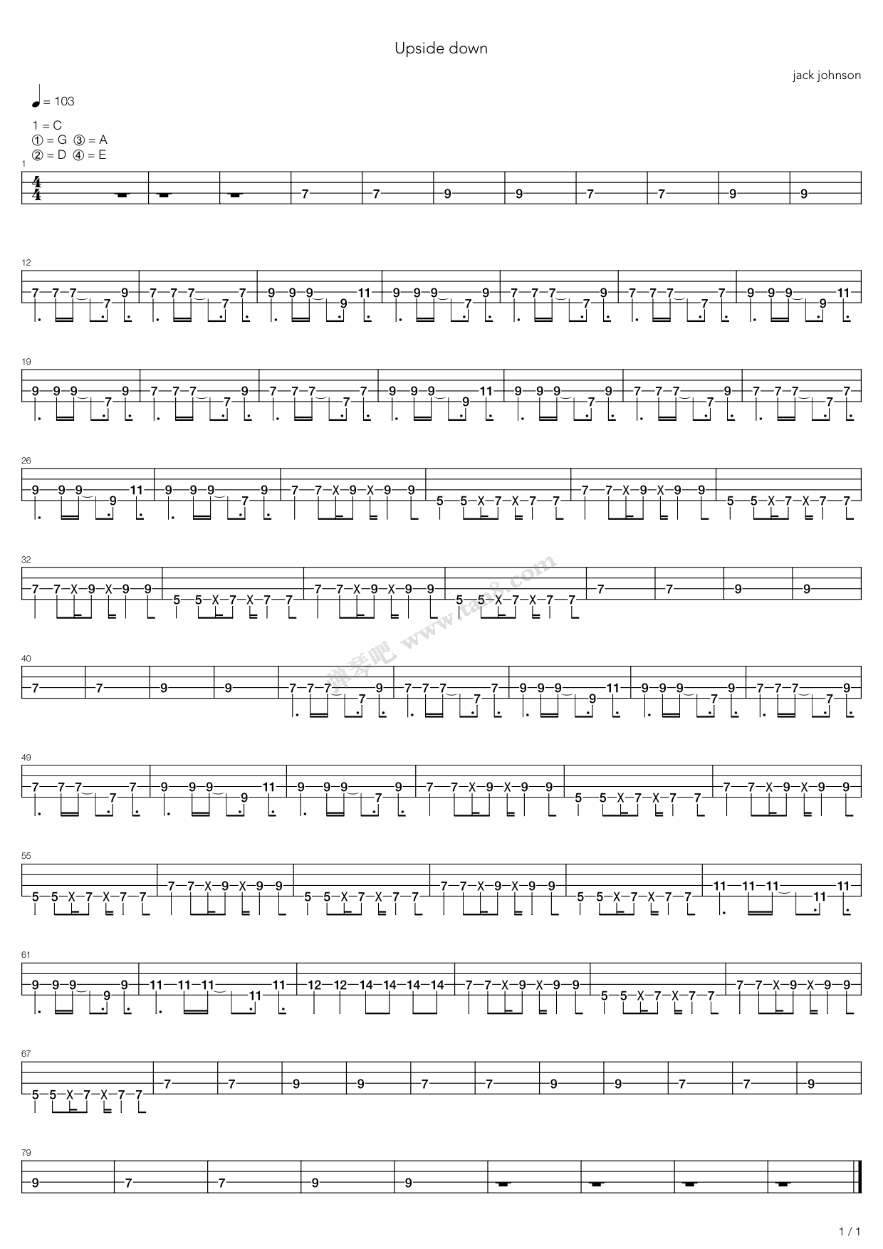 《upside down》,jack johnson(六线谱 吉他谱吉他谱 第1页