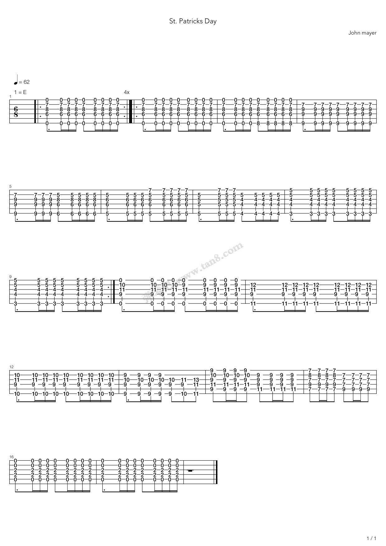 《st patricks day》,john mayer(六线谱 吉他谱吉他谱 第1页