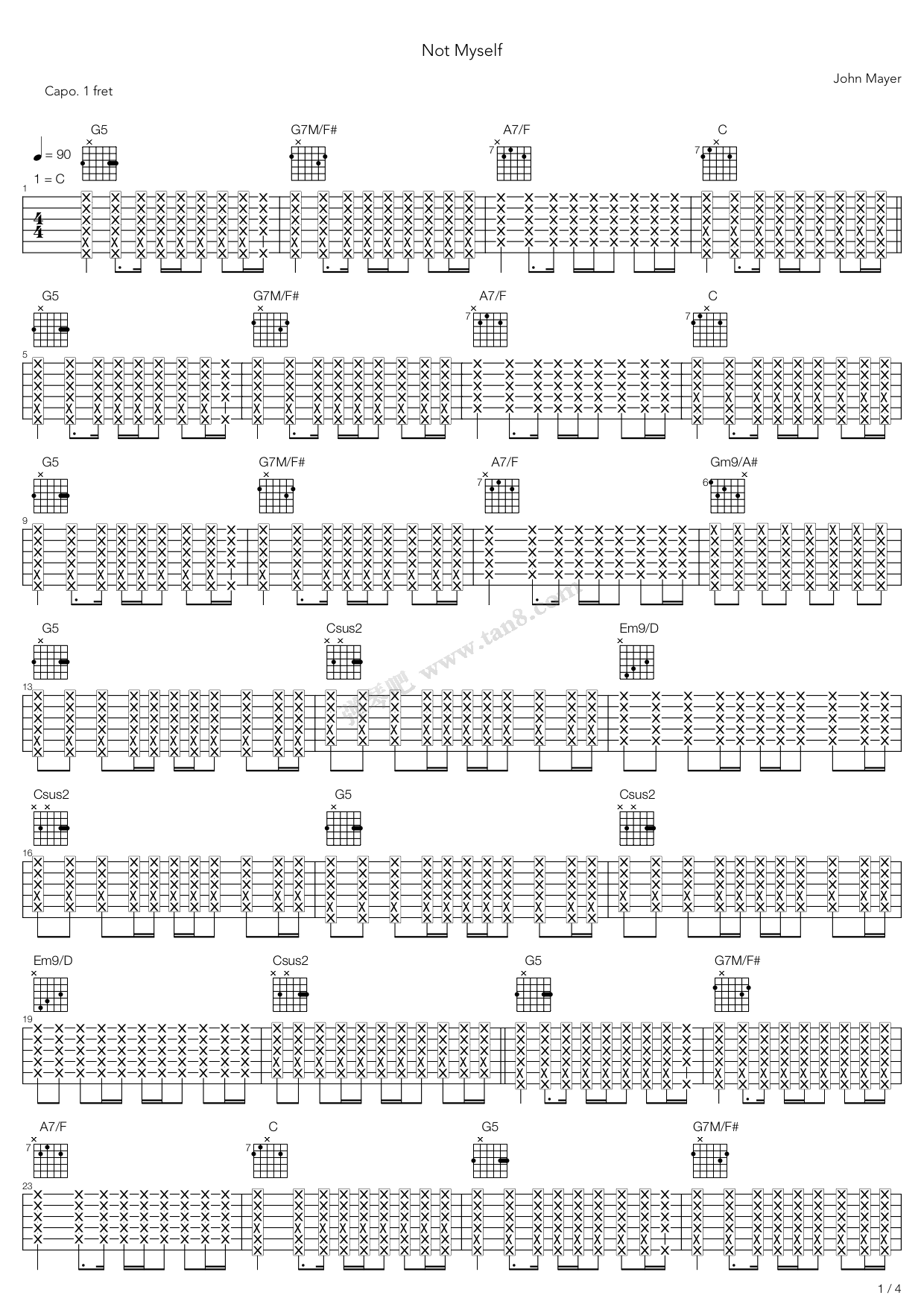 《not myself》,john mayer(六线谱 吉他谱吉他谱 第1页