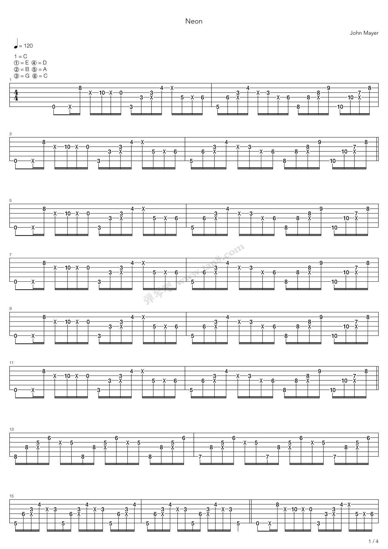 《neon》,john mayer(六线谱 吉他谱吉他谱 第1页