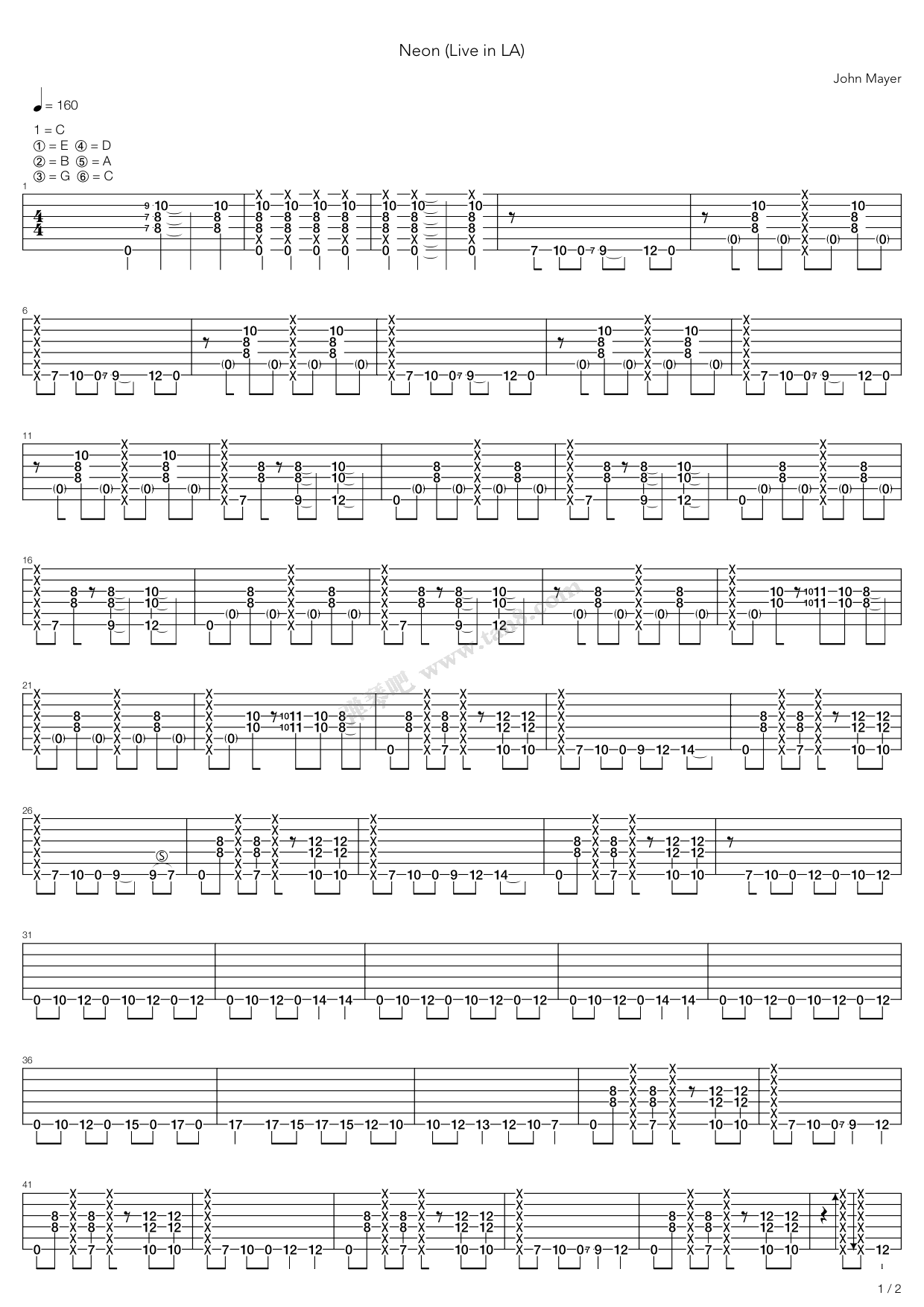 《neon》,john mayer(六线谱 吉他谱吉他谱 第1页