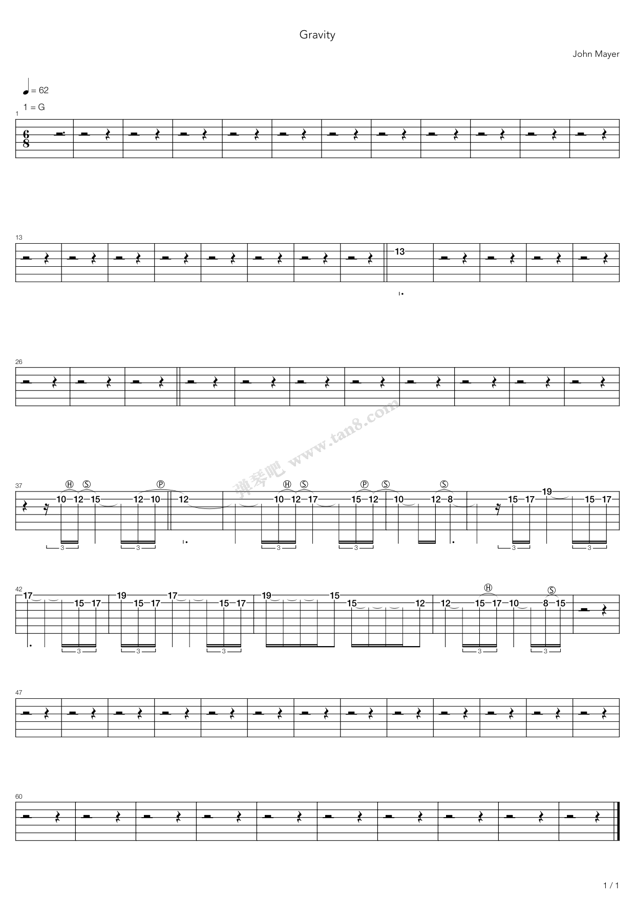 《gravity》,john mayer(六线谱 吉他谱吉他谱 第1页