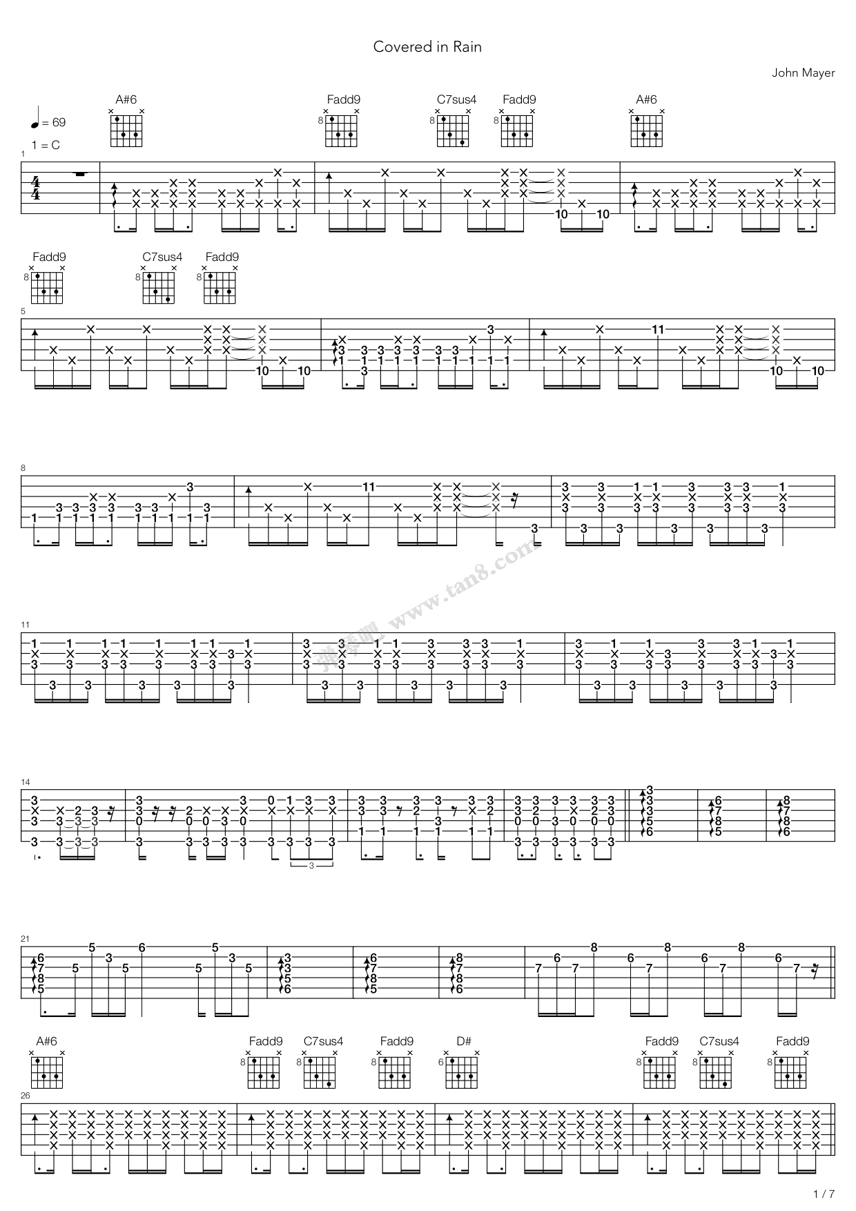 《covered in rain》,john mayer(六线谱 吉他谱吉他谱 第1页