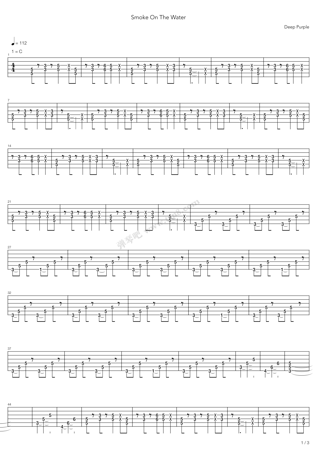 《smoke on the water》,deep purple(六线谱 吉他谱吉他谱 第1页