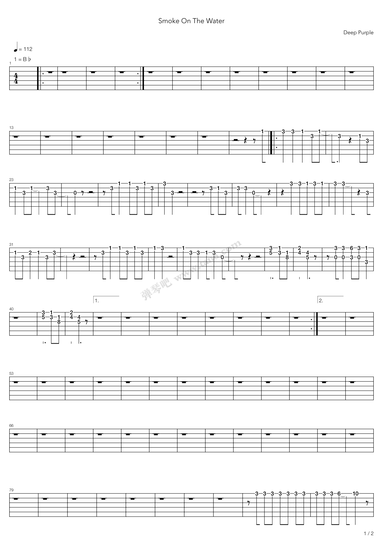 《smoke on the water》,deep purple(六线谱 吉他谱吉他谱 第1页