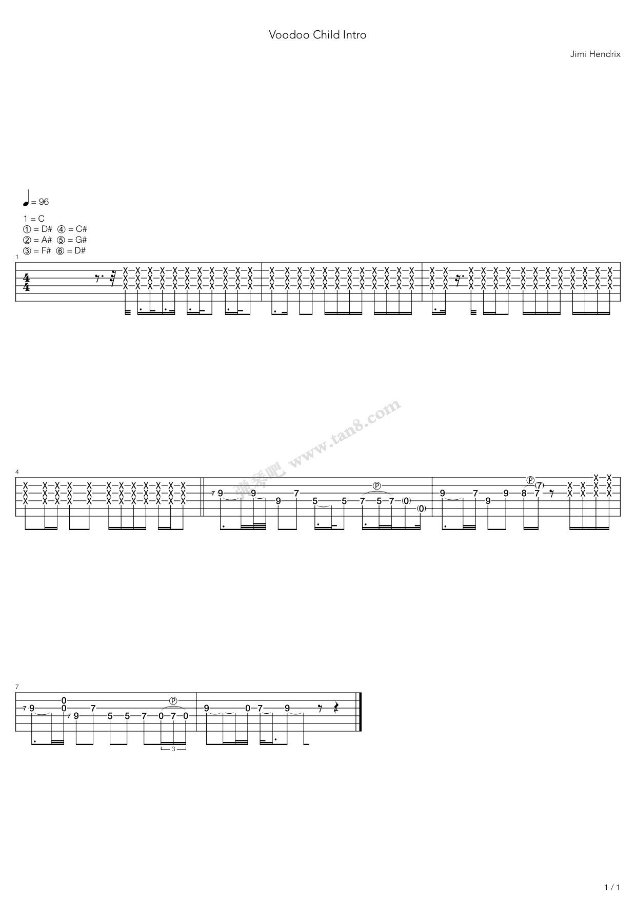 《voodoo child》,jimi hendrix(六线谱 吉他谱吉他谱 第1页