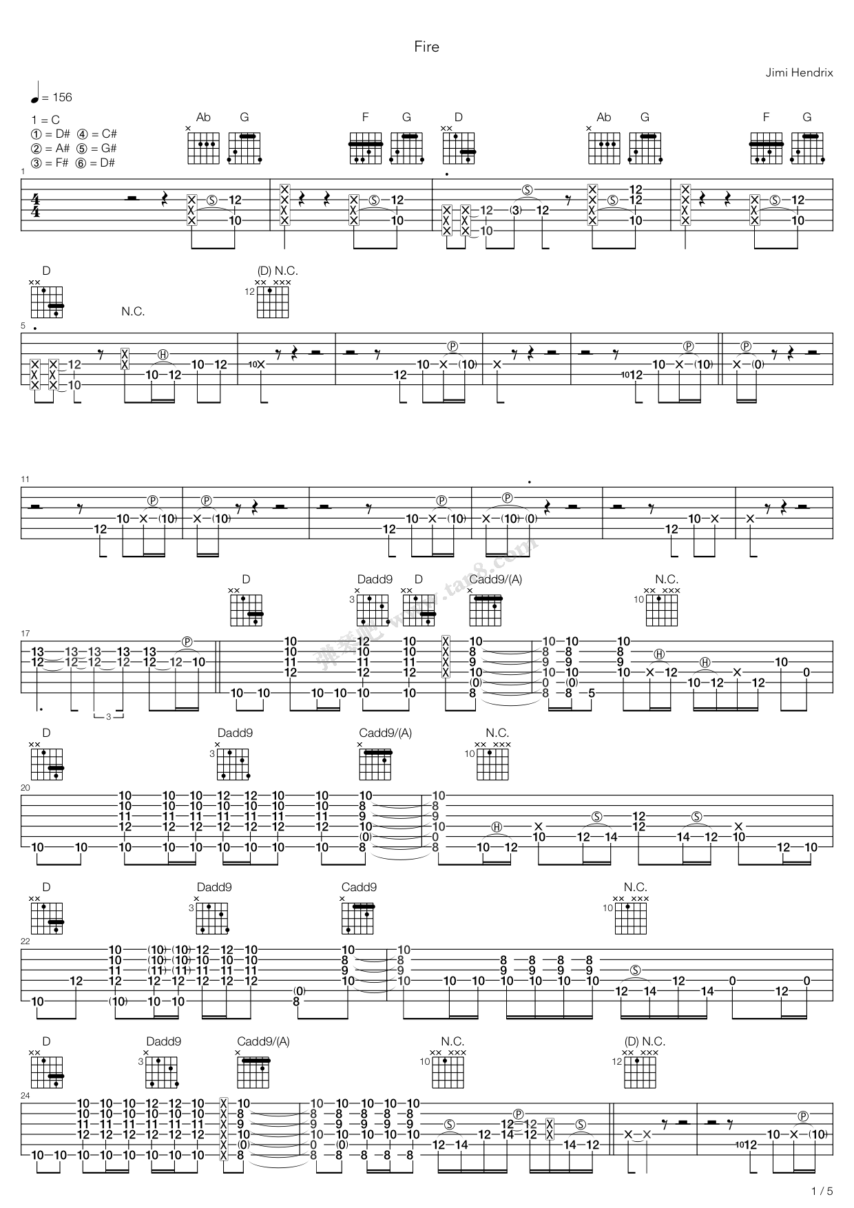 《fire》,jimi hendrix(六线谱 吉他谱吉他谱 第1页