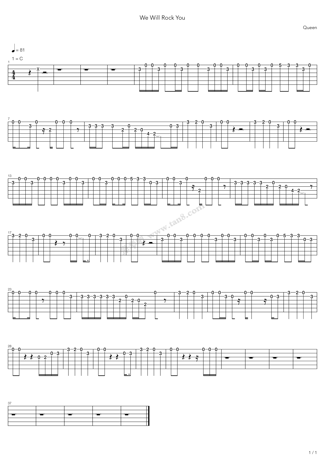 《we will rock you》,queen(六线谱 吉他谱吉他谱 第1页