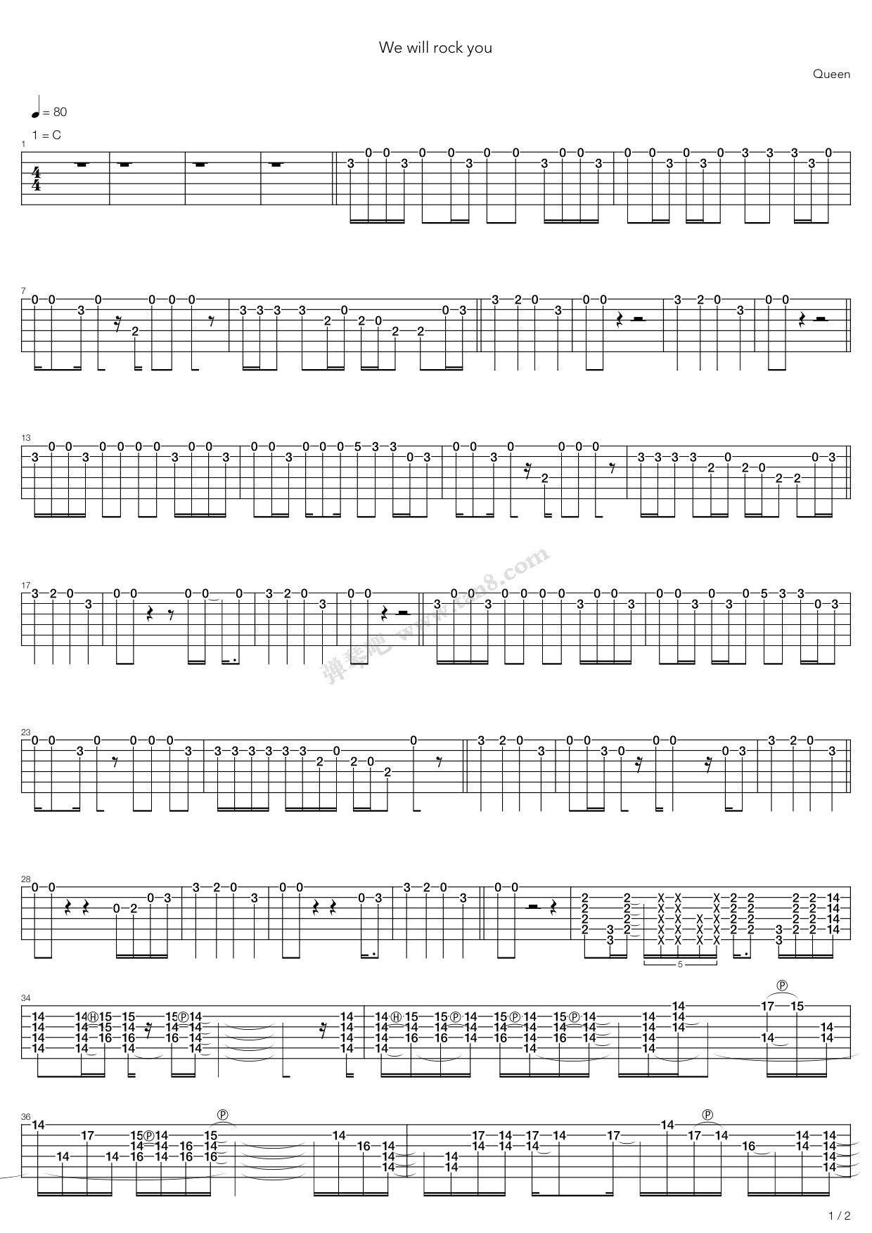《we will rock you》,queen(六线谱 吉他谱吉他谱 第1页