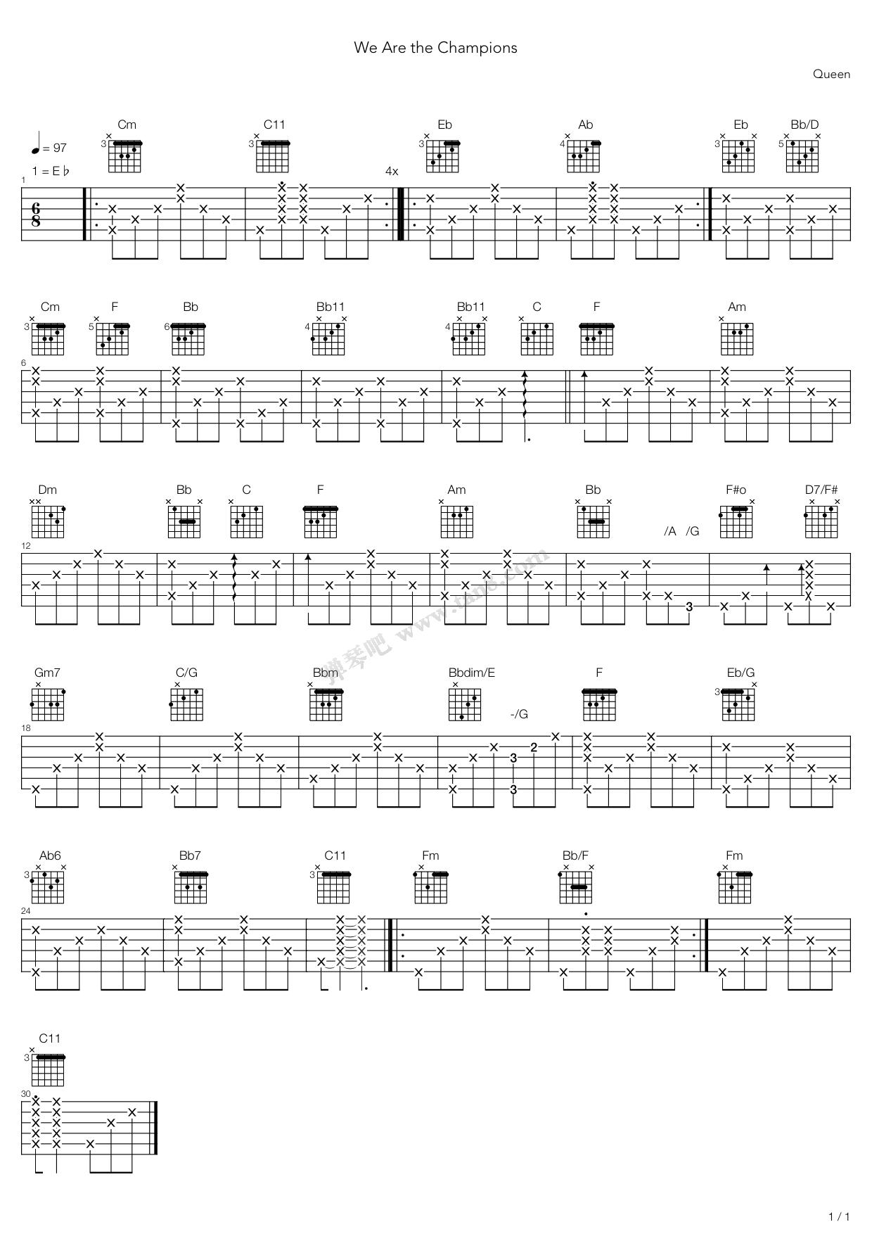 《we are the champions》,queen(六线谱 吉他谱吉他谱 第1页