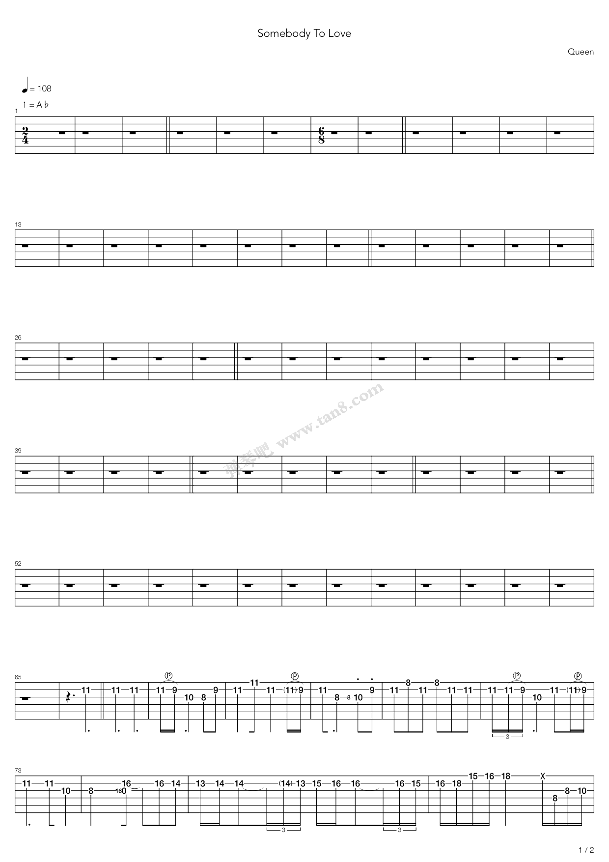 《somebody to love》,queen(六线谱 吉他谱吉他谱 第1页