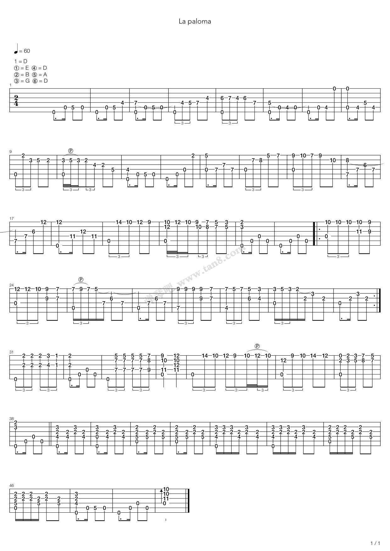 《la paloma》,francisco torrega(六线谱 吉他谱吉他谱 第1页