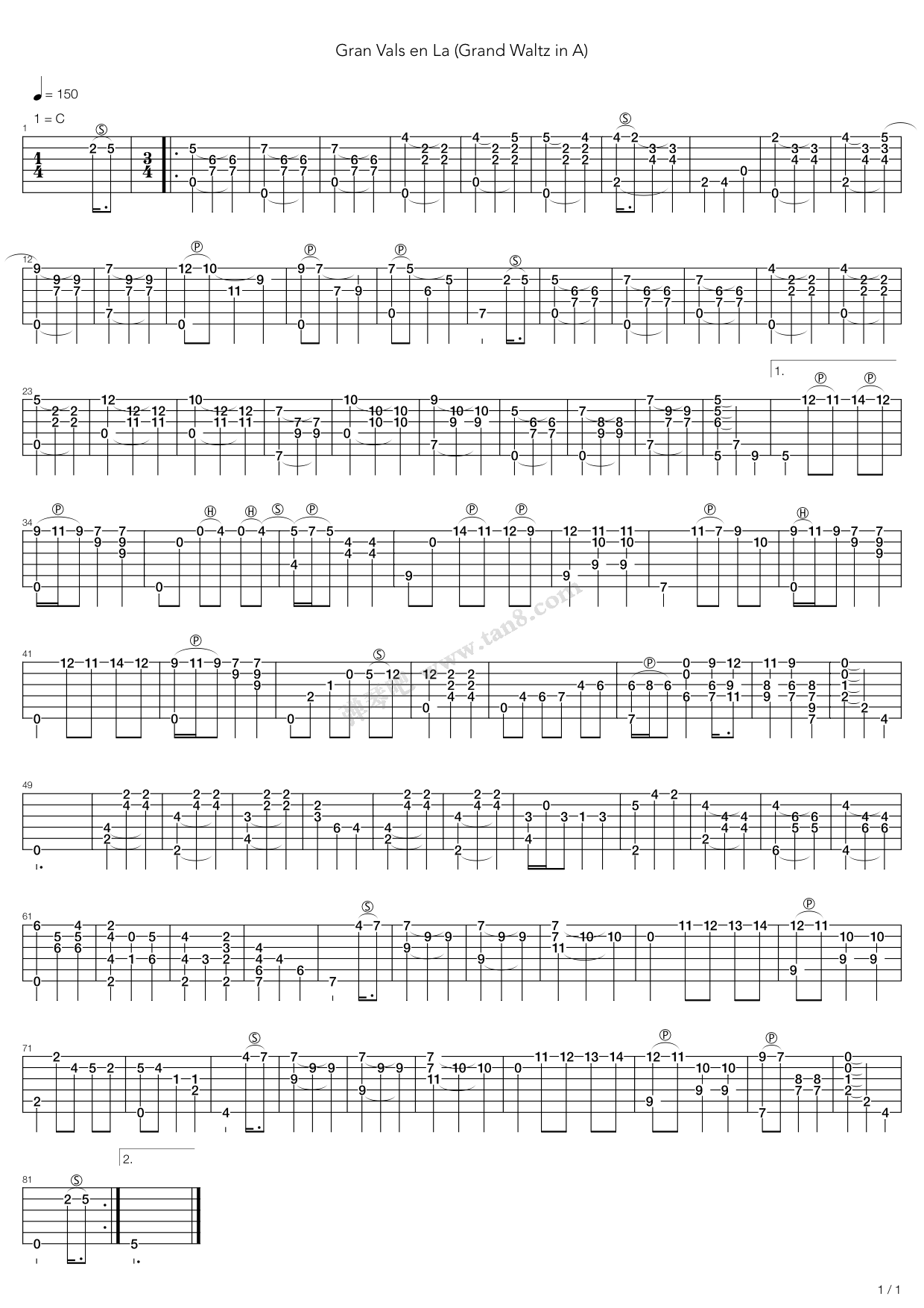 《gran vals en la》,francisco torrega(六线谱 吉他谱吉他谱 第1页