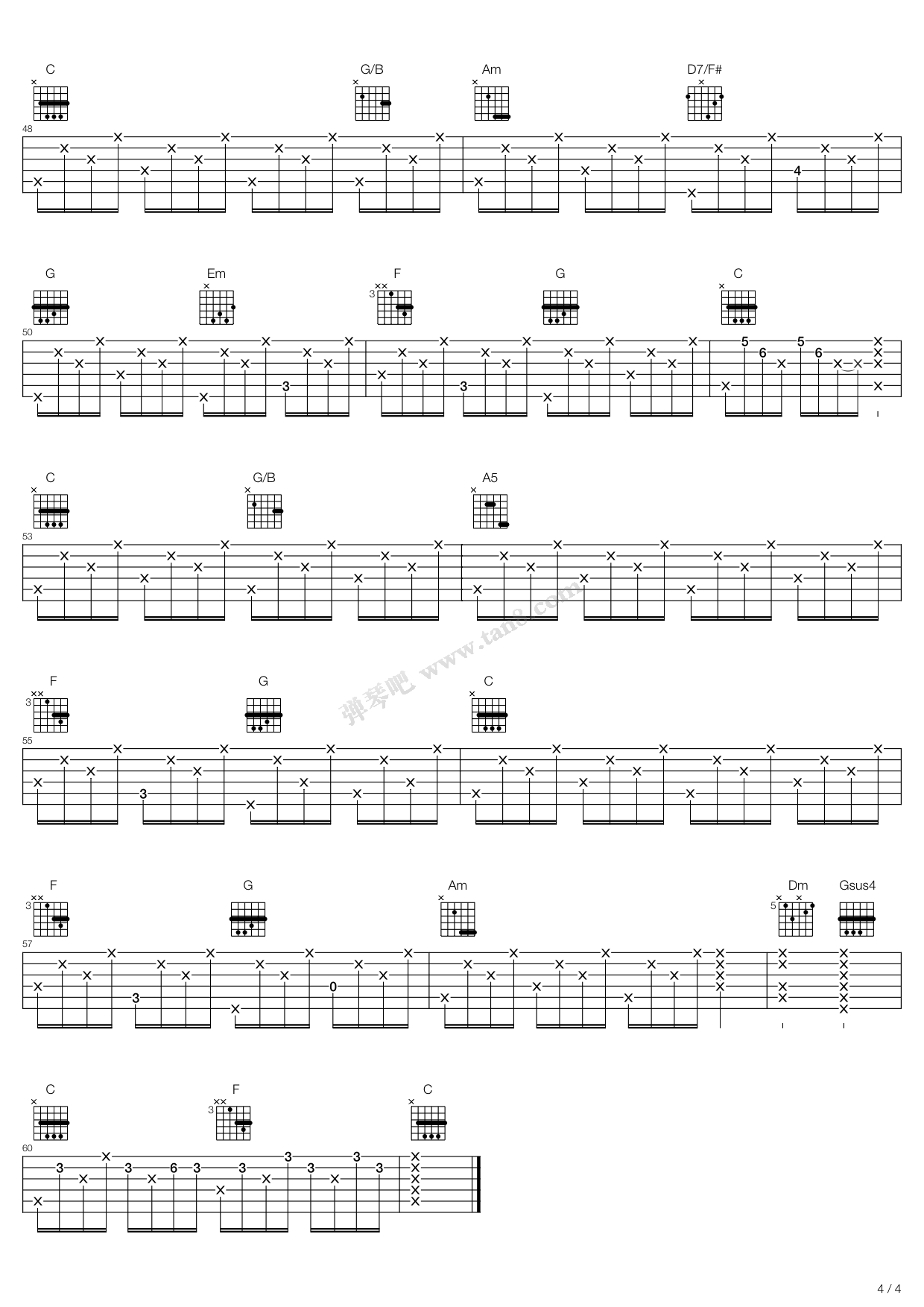 春夏秋冬吉他谱_张国荣_G调弹唱54%专辑版 - 吉他世界