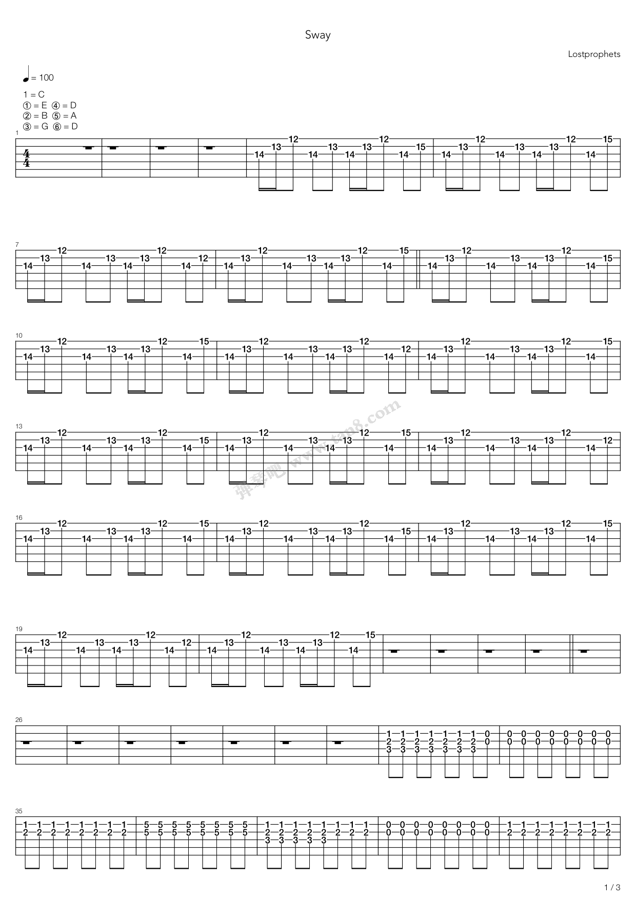 《sway》,lostprophets(六线谱 吉他谱吉他谱 第1页