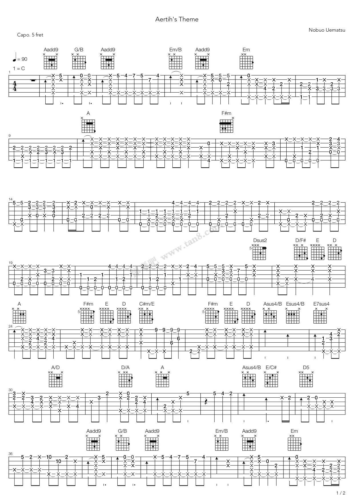 《最终幻想7 - aeriths theme》,植松伸夫(六线谱 吉他谱吉他谱 第1页