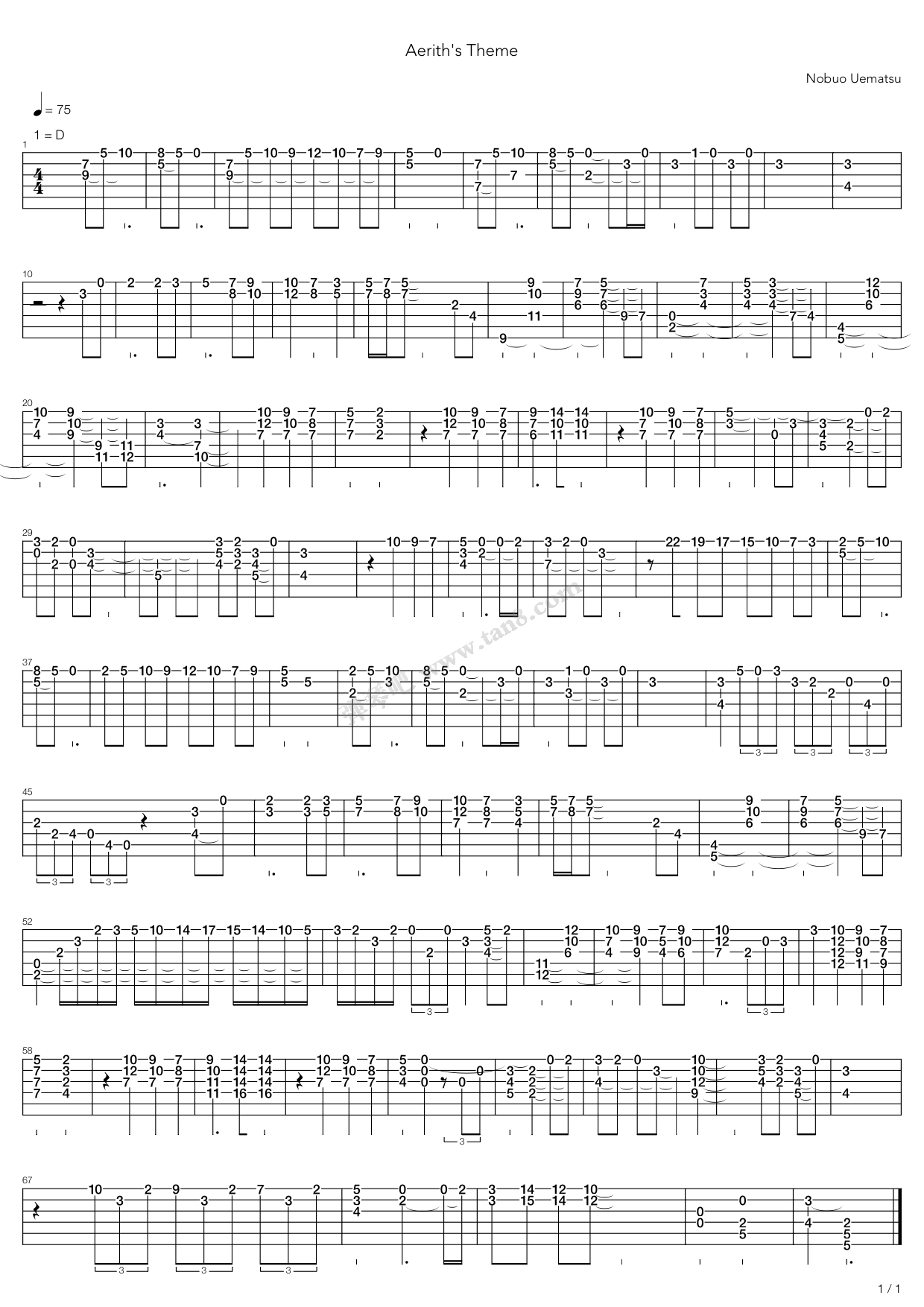 《最终幻想7 - aeris theme》,植松伸夫(六线谱 吉他谱吉他谱 第1页