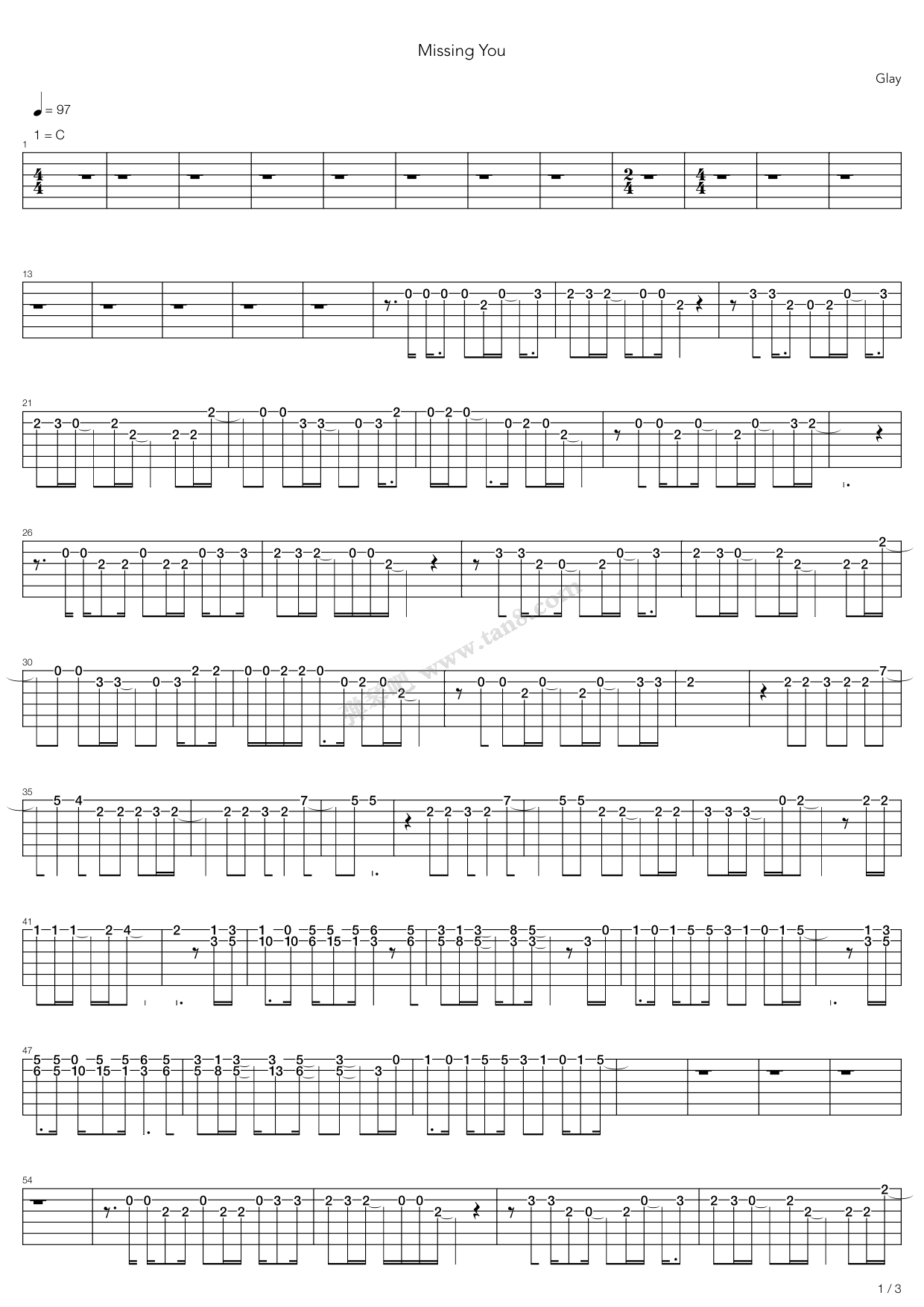 《missing you》,glay(六线谱 吉他谱吉他谱 第1页