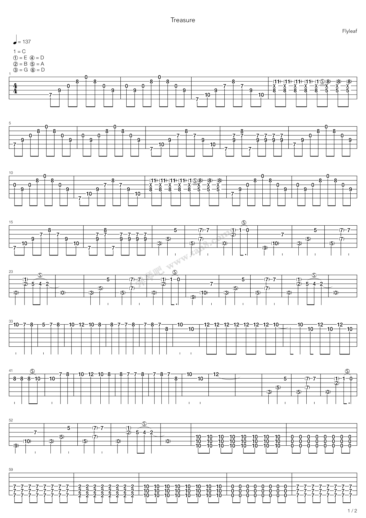 《treasure》,flyleaf(六线谱 吉他谱吉他谱 第1页