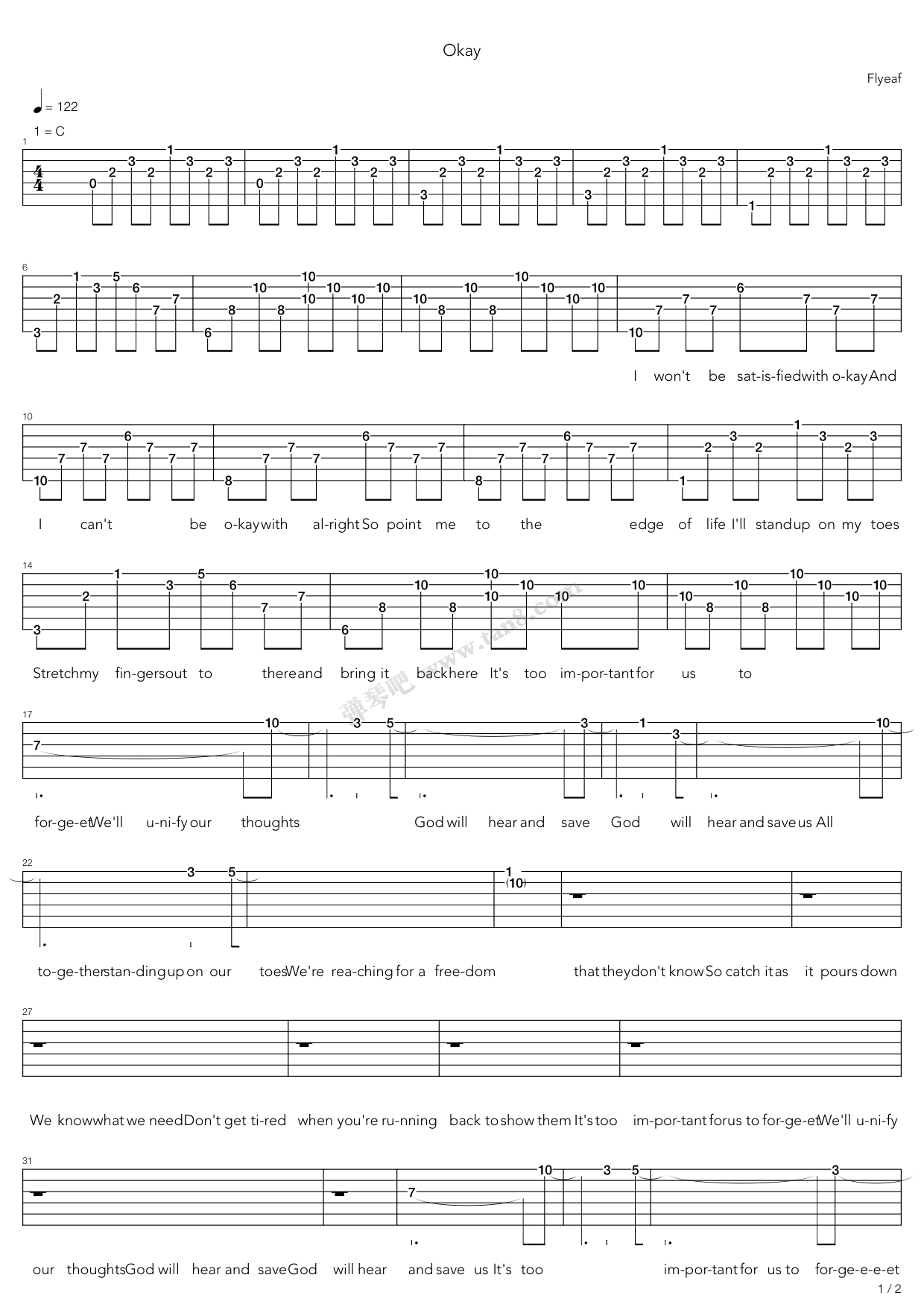《okay》,flyleaf(六线谱 吉他谱吉他谱 第1页