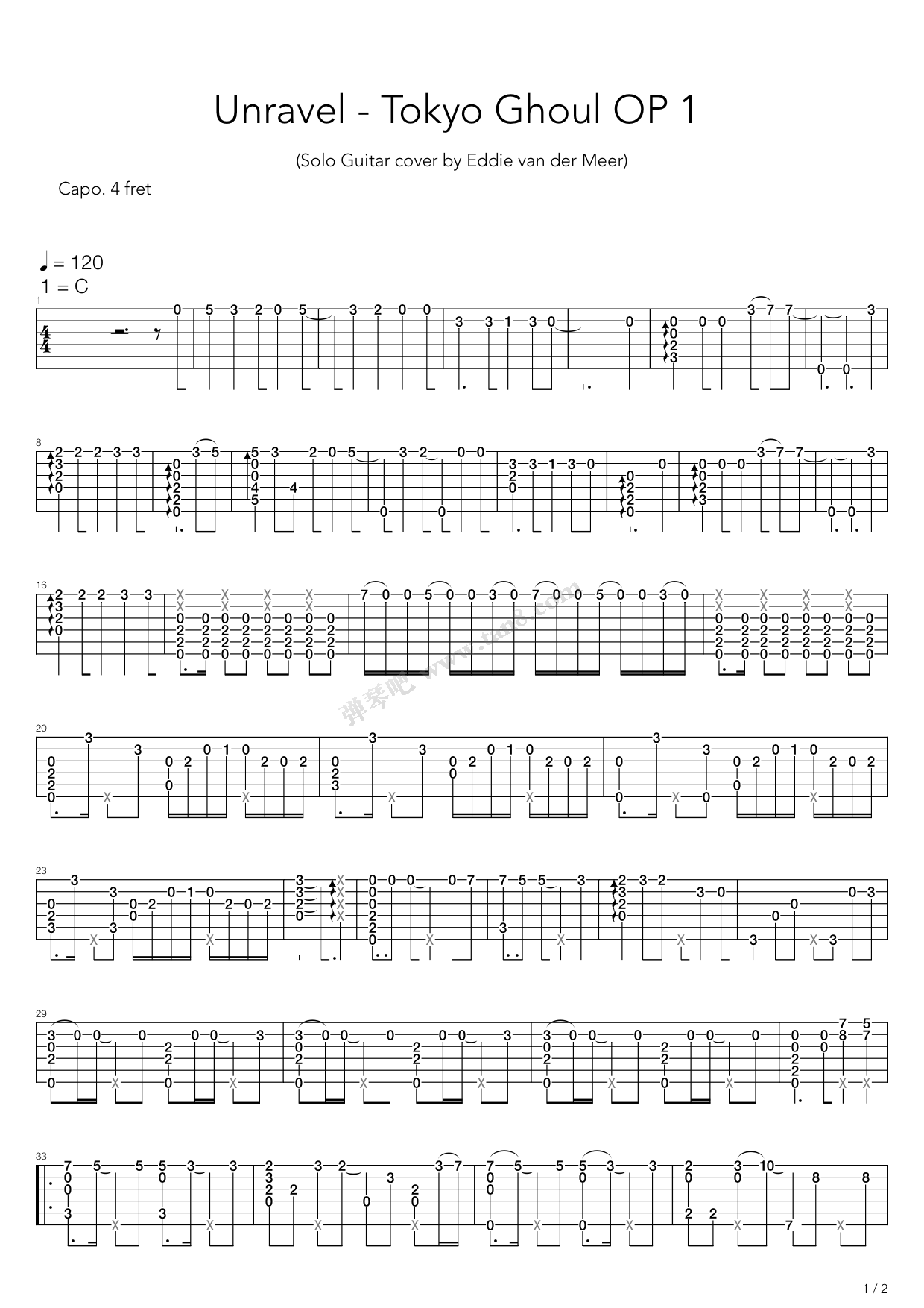 《unravel(东京食尸鬼,电吉他版) 》,eddie van der meer(六线谱 吉他