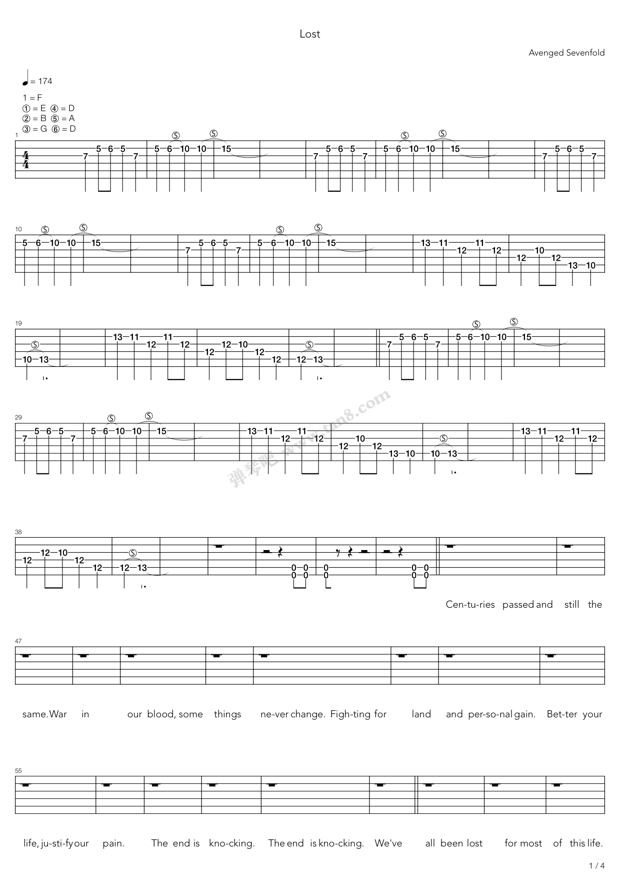 《lost》,avenged sevenfold(六线谱 吉他谱吉他谱 第1页