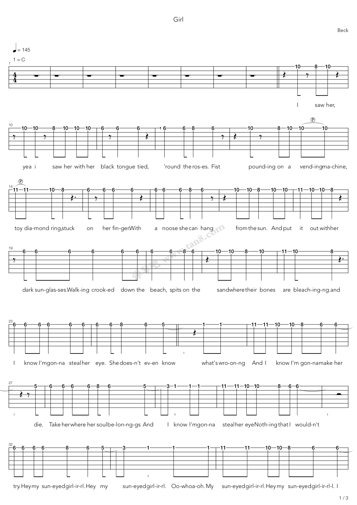 《girl》,beck(六线谱 吉他谱吉他谱 第1页