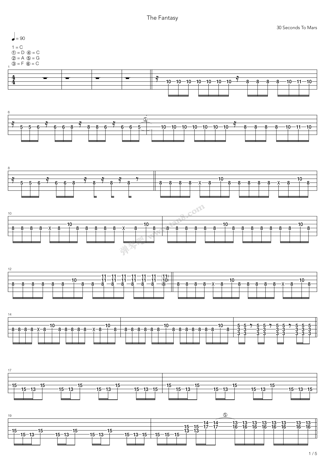 《fantasy》,30 seconds to mars(六线谱 吉他谱吉他谱 第1页
