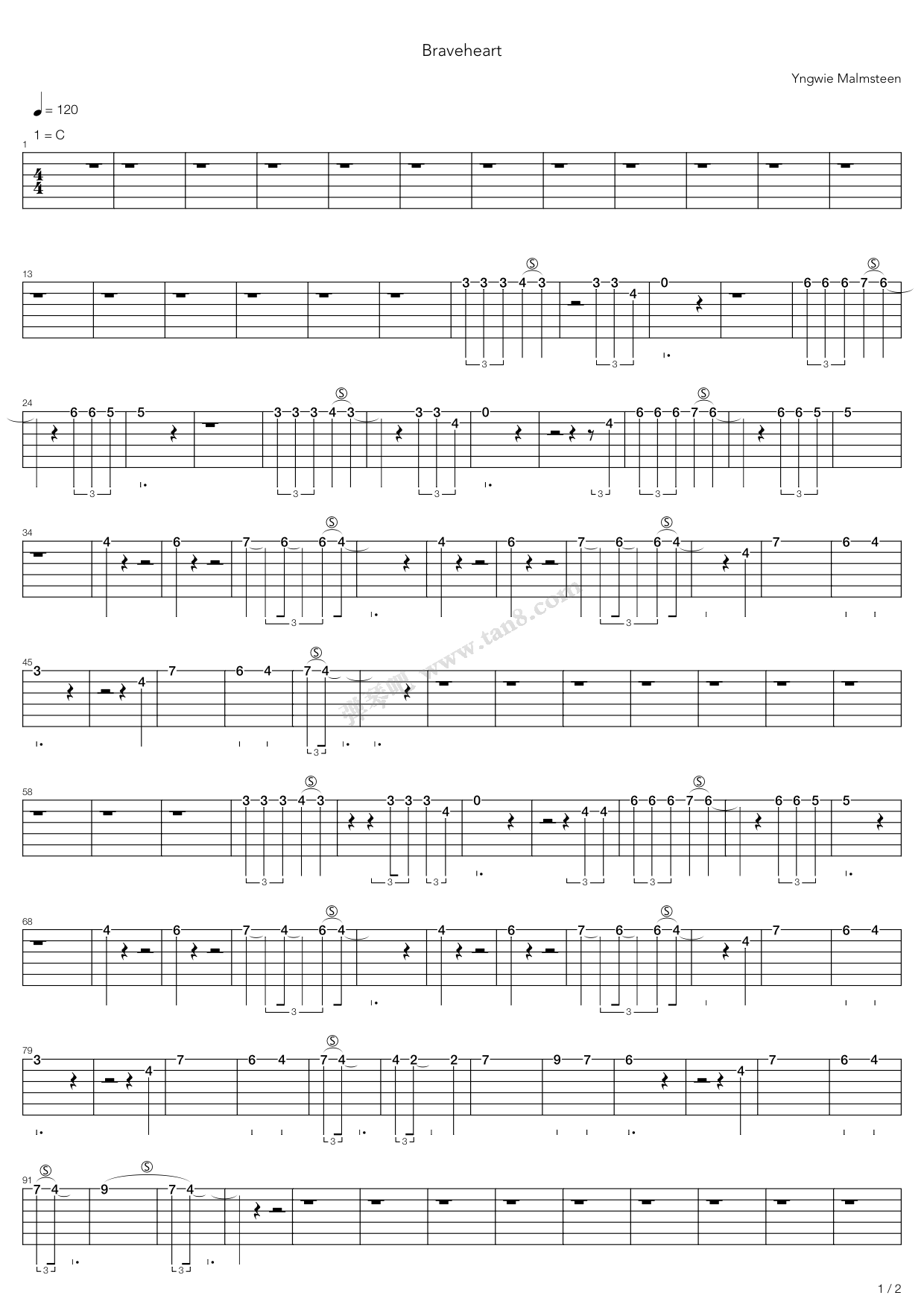 《braveheart》,yngwie malmsteen(六线谱 吉他谱吉他谱 第1页