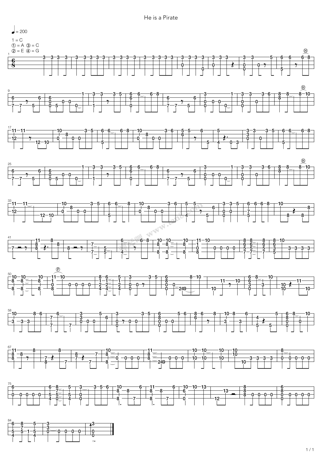 《加勒比海盗 - he is a pirate》,原声带(六线谱 吉他谱吉他谱 第1页