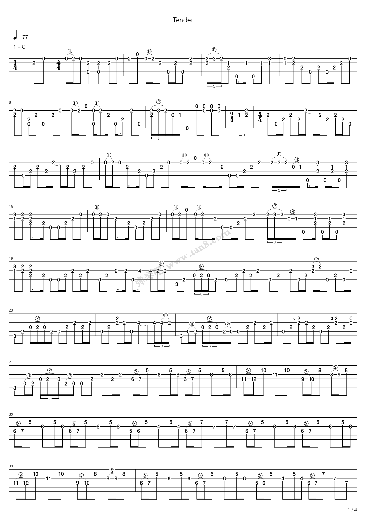 《tender》,blur(六线谱 吉他谱吉他谱 第1页